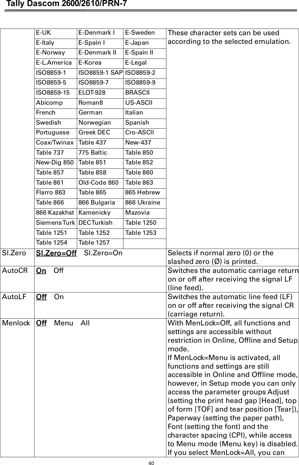 Tally Dascom 2600/2610/PRN-7  E-UK E-Denmark I E-Sweden These character sets can be used according to the selected emulation.                   E-Italy E-Spain I E-Japan E-Norway E-Denmark II E-Spain II E-L.America E-Korea E-Legal ISO8859-1 ISO8859-1 SAP ISO8859-2 ISO8859-5 ISO8859-7 ISO8859-9 ISO8859-15 ELOT-928 BRASCII Abicomp Roman8 US-ASCII French German Italian Swedish Norwegian Spanish Portuguese Greek DEC Cro-ASCII Coax/Twinax Table 437 New-437 Table 737 775 Baltic Table 850 New-Dig 850 Table 851 Table 852 Table 857 Table 858 Table 860 Table 861 Old-Code 860 Table 863 Flarro 863 Table 865 865 Hebrew Table 866 866 Bulgaria 866 Ukraine 866 Kazakhst  Kamenicky  Mazovia Siemens Turk DEC Turkish Table 1250 Table 1251 Table 1252 Table 1253 Table 1254 Table 1257  Sl.Zero Sl.Zero=Off    Sl.Zero=On Selects if normal zero (0) or the slashed zero (Ø) is printed. AutoCR On    Off Switches the automatic carriage return on or off after receiving the signal LF (line feed). AutoLF Off    On Switches the automatic line feed (LF) on or off after receiving the signal CR (carriage return). Menlock Off    Menu    All With MenLock=Off, all functions and settings are accessible without restriction in Online, Offline and Setup mode. If MenLock=Menu is activated, all functions and settings are still accessible in Online and Offline mode, however, in Setup mode you can only access the parameter groups Adjust (setting the print head gap [Head], top of form [TOF] and tear position [Tear]), Paperway (setting the paper path), Font (setting the font) and the character spacing (CPI), while access to Menu mode (Menu key) is disabled. If you select MenLock=All, you can 40  