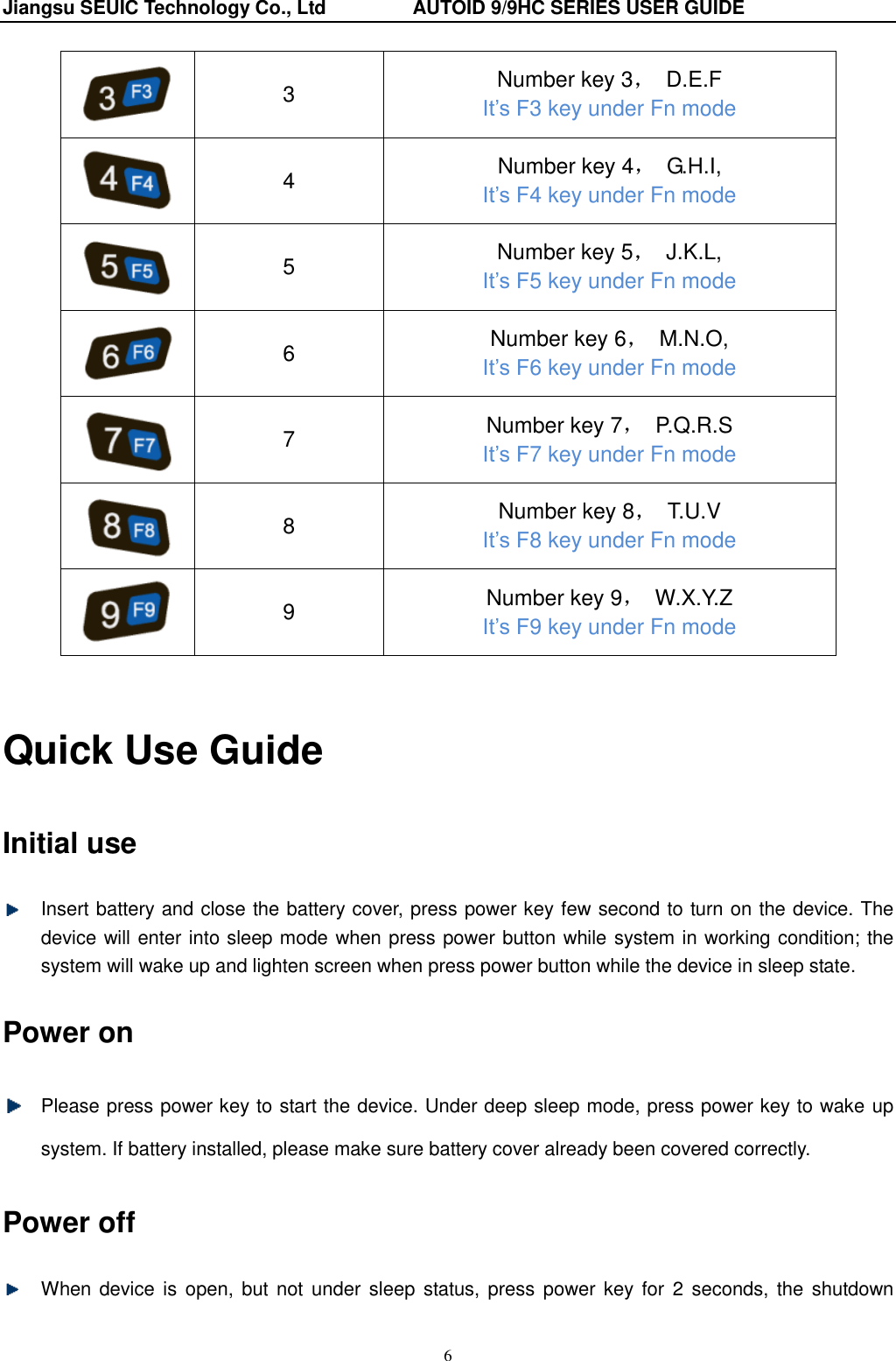 Jiangsu SEUIC Technology Co., Ltd                  AUTOID 9/9HC SERIES USER GUIDE 6  3 Number key 3，  D.E.F It‟s F3 key under Fn mode  4 Number key 4，  G.H.I, It‟s F4 key under Fn mode  5 Number key 5，  J.K.L, It‟s F5 key under Fn mode  6 Number key 6，  M.N.O, It‟s F6 key under Fn mode  7 Number key 7，  P.Q.R.S It‟s F7 key under Fn mode  8 Number key 8，  T.U.V It‟s F8 key under Fn mode    9 Number key 9，  W.X.Y.Z It‟s F9 key under Fn mode  Quick Use Guide Initial use     Insert battery and close the battery cover, press power key few second to turn on the device. The device will enter into sleep mode when press power button while system in working condition; the system will wake up and lighten screen when press power button while the device in sleep state. Power on  Please press power key to start the device. Under deep sleep mode, press power key to wake up system. If battery installed, please make sure battery cover already been covered correctly. Power off   When device is  open,  but  not  under  sleep  status,  press power  key for  2  seconds, the  shutdown 