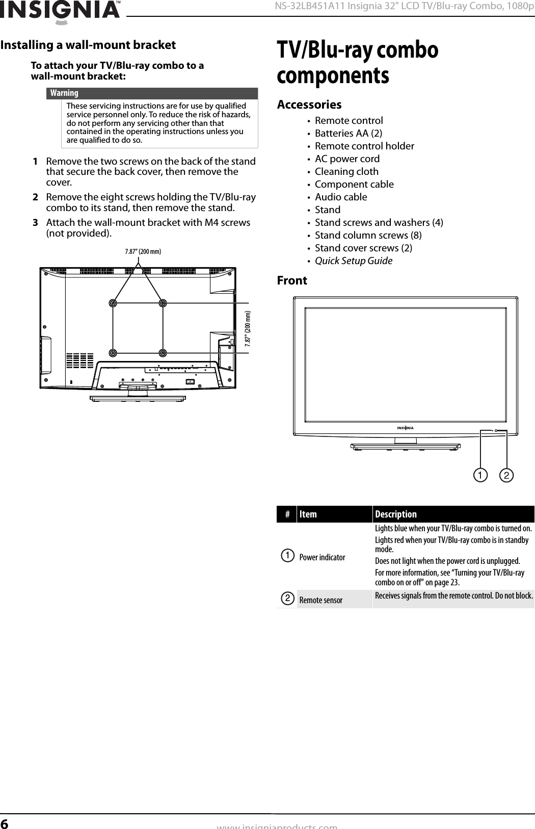 6NS-32LB451A11 Insignia 32&quot; LCD TV/Blu-ray Combo, 1080pwww.insigniaproducts.comInstalling a wall-mount bracketTo attach your TV/Blu-ray combo to a wall-mount bracket:1Remove the two screws on the back of the stand that secure the back cover, then remove the cover.2Remove the eight screws holding the TV/Blu-ray combo to its stand, then remove the stand.3Attach the wall-mount bracket with M4 screws (not provided).TV/Blu-ray combo componentsAccessories• Remote control• Batteries AA (2)• Remote control holder•AC power cord• Cleaning cloth•Component cable•Audio cable•Stand• Stand screws and washers (4)•Stand column screws (8)• Stand cover screws (2)• Quick Setup GuideFrontWarningThese servicing instructions are for use by qualified service personnel only. To reduce the risk of hazards, do not perform any servicing other than that contained in the operating instructions unless you are qualified to do so.7.87&quot; (200 mm)7.87&quot; (200 mm)#Item DescriptionPower indicatorLights blue when your TV/Blu-ray combo is turned on.Lights red when your TV/Blu-ray combo is in standby mode.Does not light when the power cord is unplugged.For more information, see “Turning your TV/Blu-ray combo on or off” on page 23.Remote sensor Receives signals from the remote control. Do not block.12