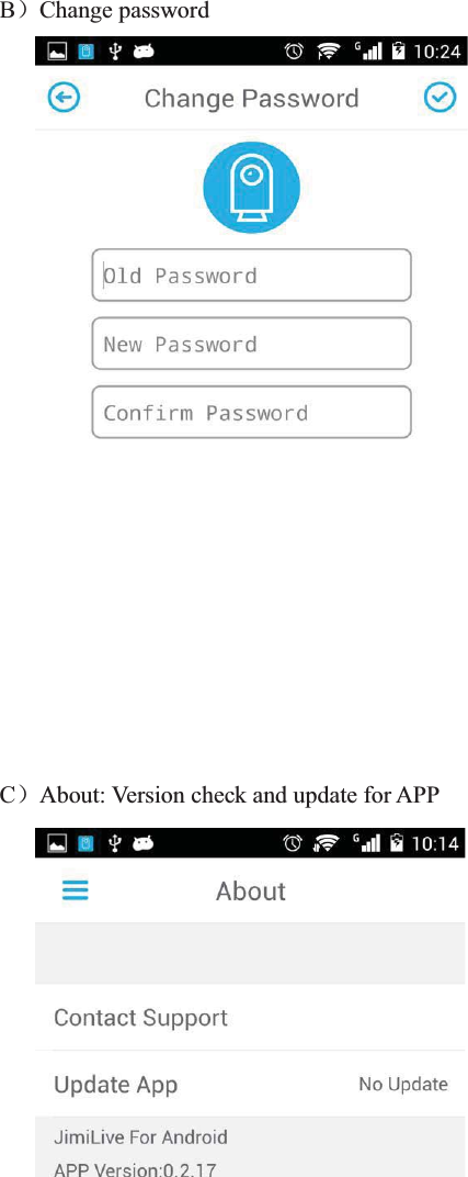 B˅Change password      C˅About: Version check and update for APP      