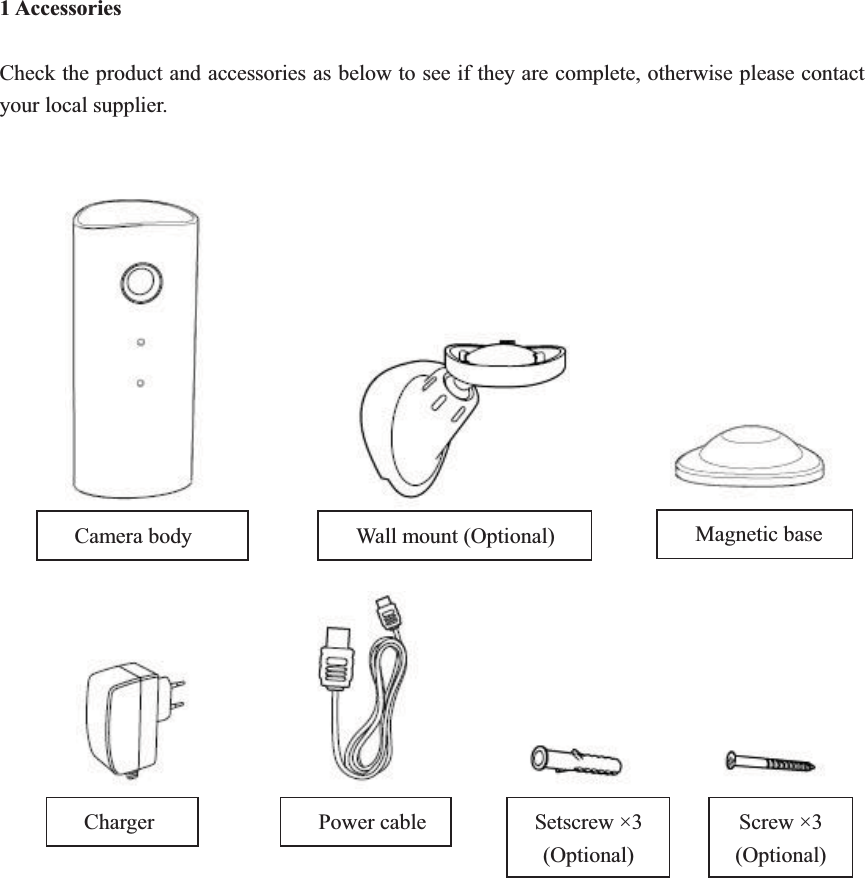 1 Accessories  Check the product and accessories as below to see if they are complete, otherwise please contact your local supplier.             Camera body   Wall mount (Optional) Magnetic base Screw &times;3 (Optional) Setscrew &times;3 (Optional) Power cable Charger 