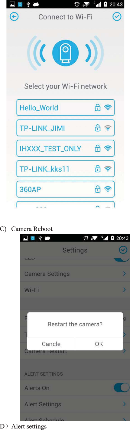      C) Camera Reboot     D˅Alert settings 
