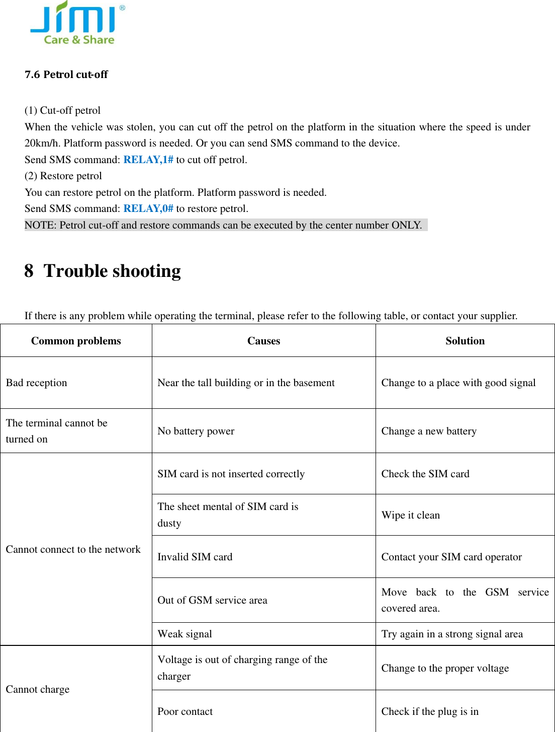   7.6 Petrol cut-off   (1) Cut-off petrol   When the vehicle was stolen, you can cut off the petrol on the platform in the situation where the speed is under 20km/h. Platform password is needed. Or you can send SMS command to the device.   Send SMS command: RELAY,1# to cut off petrol.   (2) Restore petrol   You can restore petrol on the platform. Platform password is needed.   Send SMS command: RELAY,0# to restore petrol.   NOTE: Petrol cut-off and restore commands can be executed by the center number ONLY.   8 Trouble shooting If there is any problem while operating the terminal, please refer to the following table, or contact your supplier. Common problems Causes Solution Bad reception Near the tall building or in the basement Change to a place with good signal The terminal cannot be turned on No battery power Change a new battery Cannot connect to the network SIM card is not inserted correctly Check the SIM card The sheet mental of SIM card is dusty Wipe it clean Invalid SIM card Contact your SIM card operator   Out of GSM service area Move  back  to  the  GSM  service covered area. Weak signal Try again in a strong signal area Cannot charge Voltage is out of charging range of the charger Change to the proper voltage Poor contact Check if the plug is in 