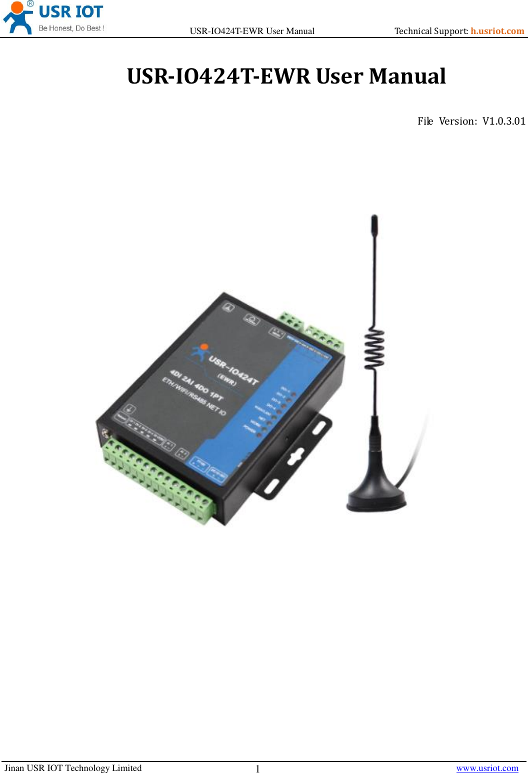 Page 1 of Jinan USR IOT Technology IO424T 4DI4DO2AI1PT Network IO with ETH/WIFI User Manual USR IO424T EWR  V1 0 3 01