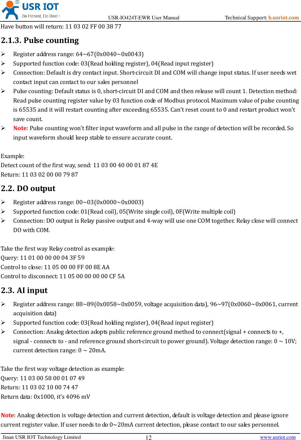 Page 12 of Jinan USR IOT Technology IO424T 4DI4DO2AI1PT Network IO with ETH/WIFI User Manual USR IO424T EWR  V1 0 3 01