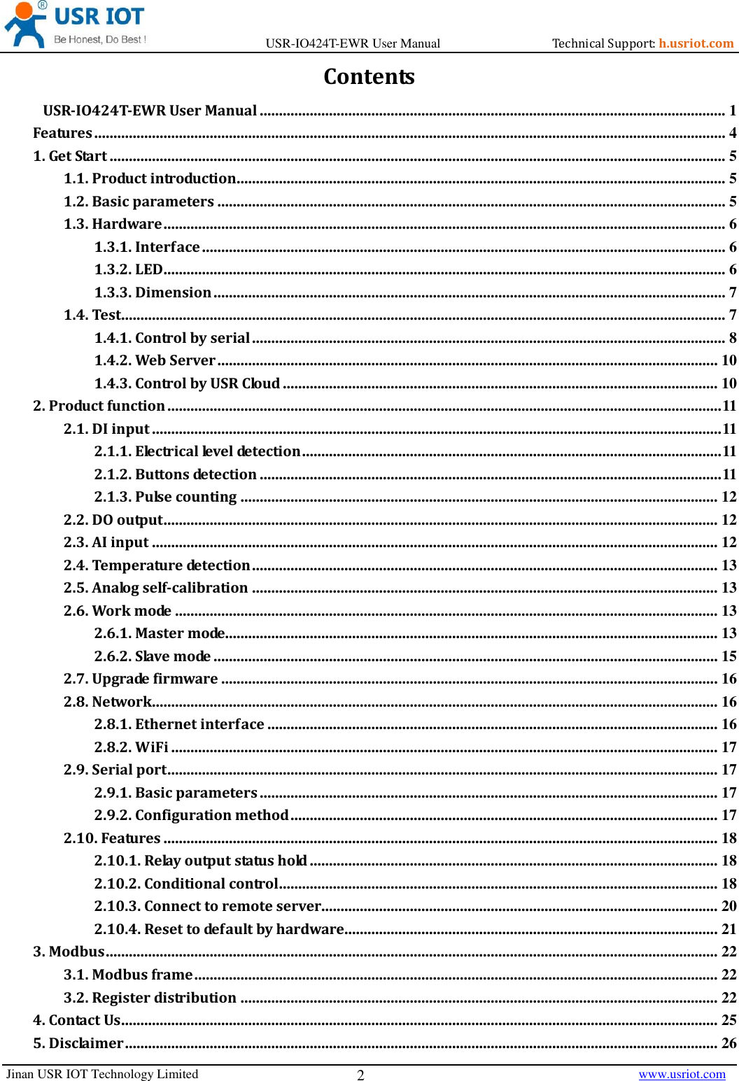 Page 2 of Jinan USR IOT Technology IO424T 4DI4DO2AI1PT Network IO with ETH/WIFI User Manual USR IO424T EWR  V1 0 3 01
