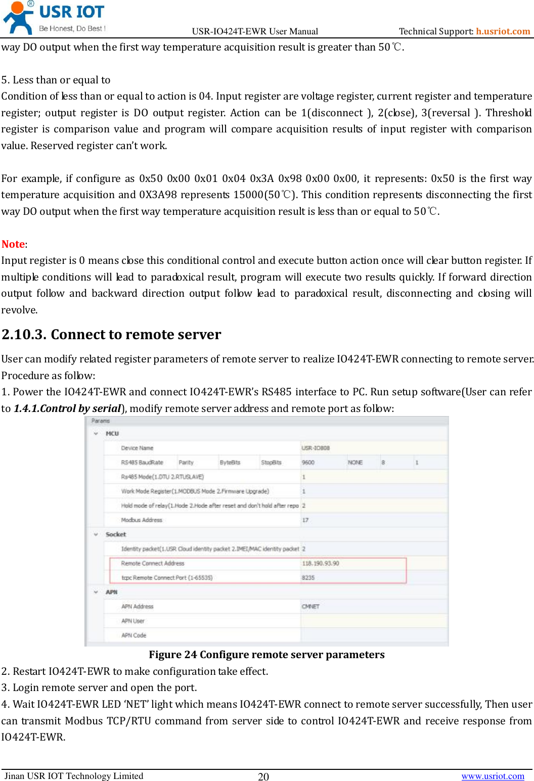 Page 20 of Jinan USR IOT Technology IO424T 4DI4DO2AI1PT Network IO with ETH/WIFI User Manual USR IO424T EWR  V1 0 3 01