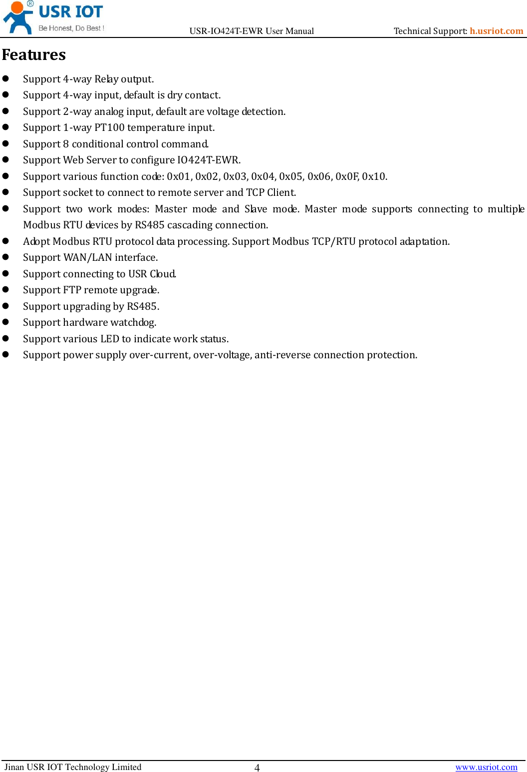 Page 4 of Jinan USR IOT Technology IO424T 4DI4DO2AI1PT Network IO with ETH/WIFI User Manual USR IO424T EWR  V1 0 3 01