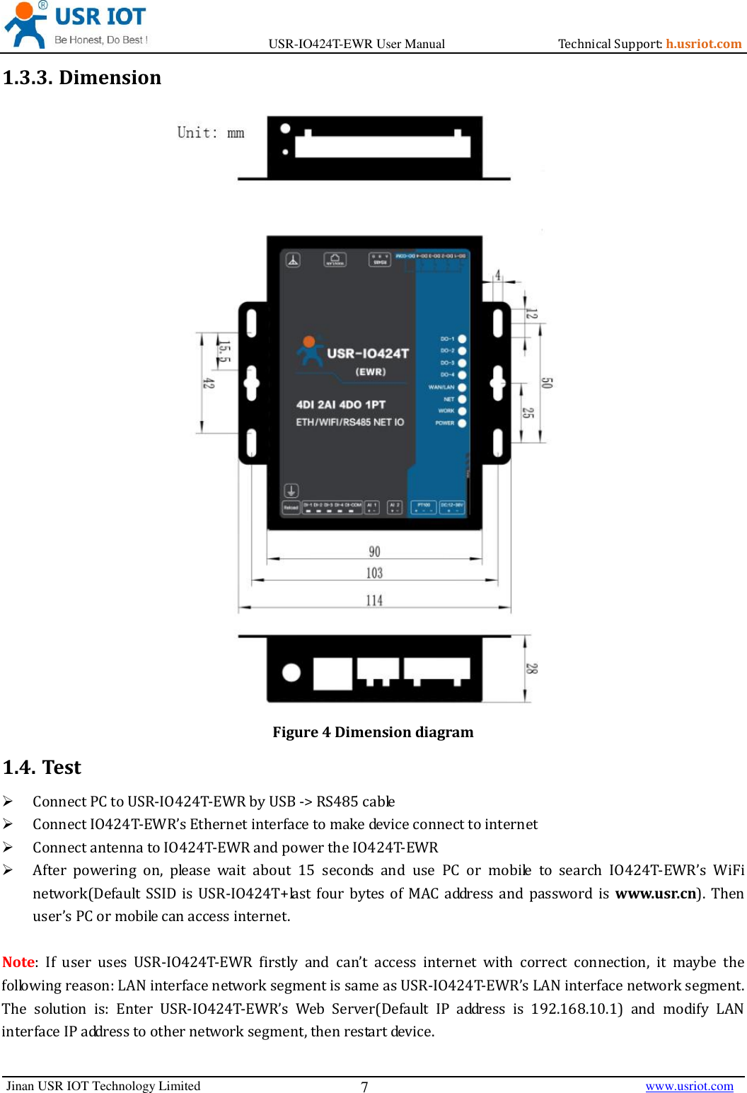Page 7 of Jinan USR IOT Technology IO424T 4DI4DO2AI1PT Network IO with ETH/WIFI User Manual USR IO424T EWR  V1 0 3 01