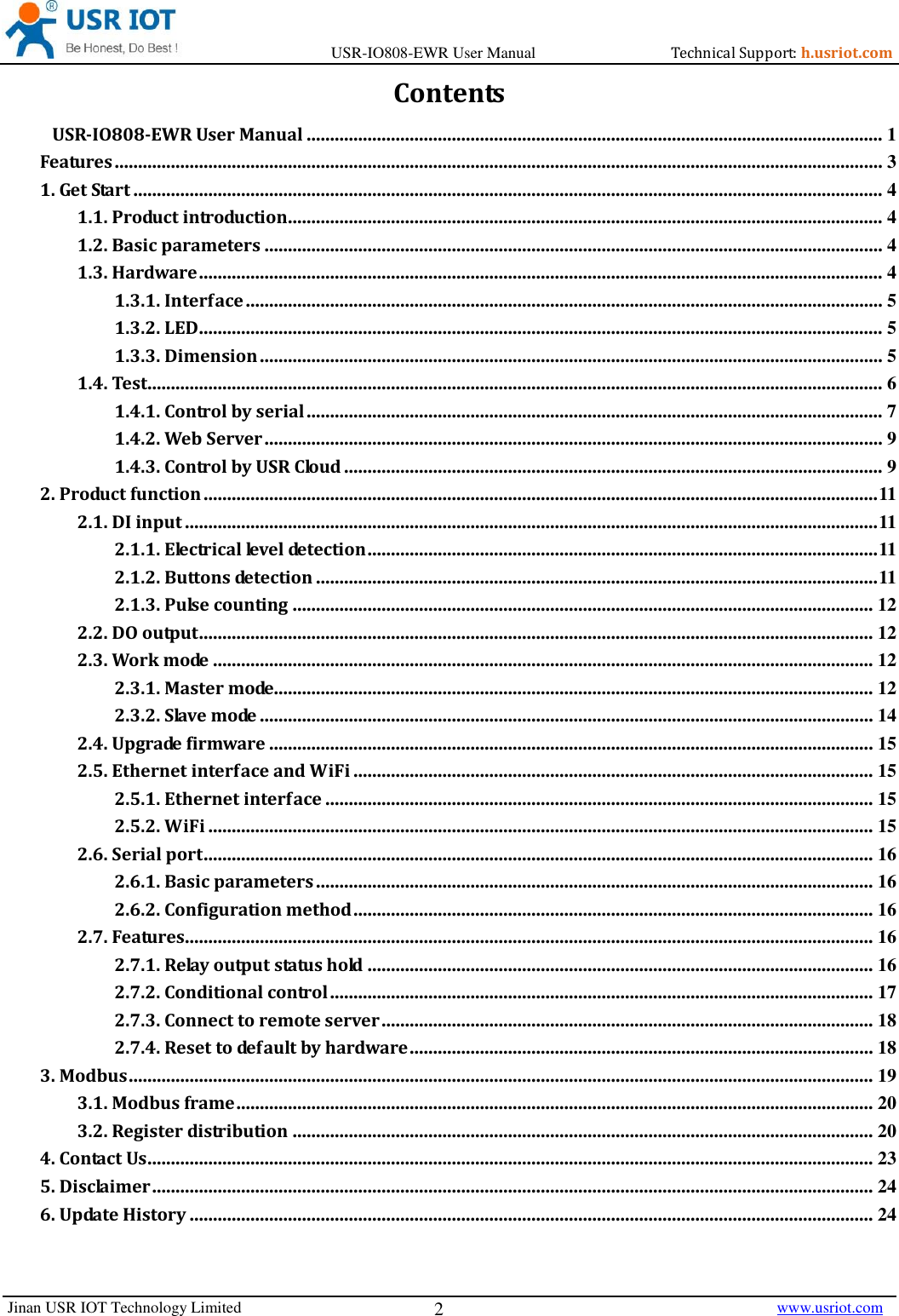 Page 2 of Jinan USR IOT Technology IO808 8DI8DO Network IO with ETH/WIFI User Manual USR IO808 EWR  V1 0 4 01