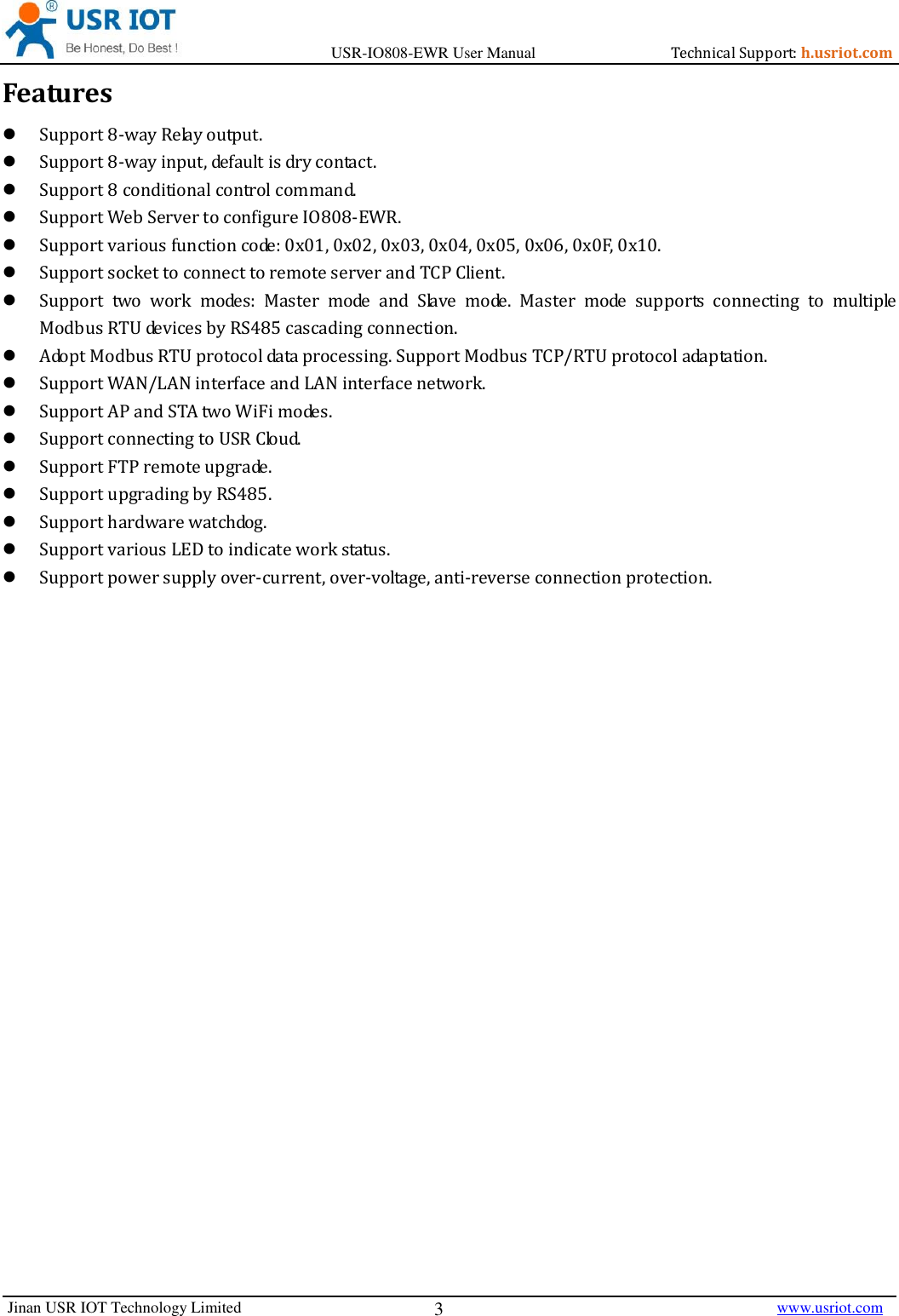 Page 3 of Jinan USR IOT Technology IO808 8DI8DO Network IO with ETH/WIFI User Manual USR IO808 EWR  V1 0 4 01