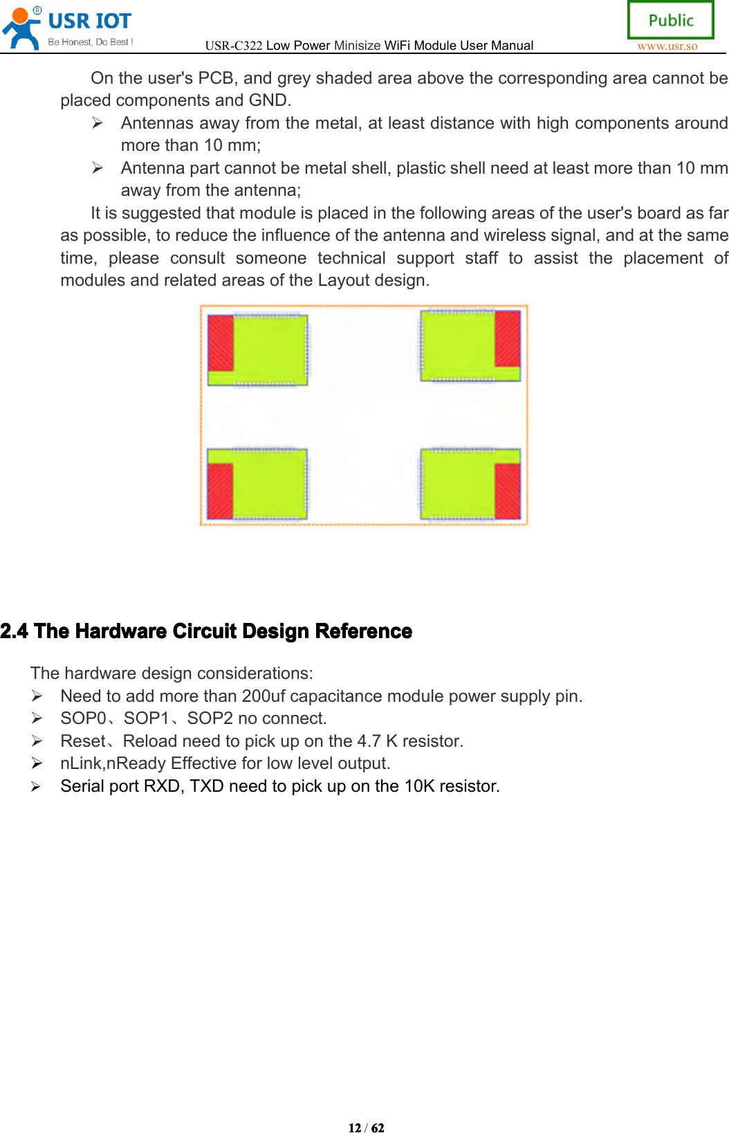 USR-C322LowPowerMinisizeWiFiModuleUserManualwww.usr.so1212 12 12/62 62 62 62Ontheuser'sPCB,andgreyshadedareaabovethecorrespondingareacannotbeplacedcomponentsandGND.Antennasawayfromthemetal,atleastdistancewithhighcomponentsaroundmorethan10mm;Antennapartcannotbemetalshell,plasticshellneedatleastmorethan10mmawayfromtheantenna;Itissuggestedthatmoduleisplacedinthefollowingareasoftheuser'sboardasfaraspossible,toreducetheinfluenceoftheantennaandwirelesssignal,andatthesametime,pleaseconsultsomeonetechnicalsupportstafftoassisttheplacementofmodulesandrelatedareasoftheLayoutdesign.2.4 2.4 2.4 2.4The The The TheHardware Hardware Hardware HardwareCircuit Circuit Circuit CircuitDesign Design Design DesignReference Reference Reference ReferenceThehardwaredesignconsiderations:Needtoaddmorethan200ufcapacitancemodulepowersupplypin.SOP0、SOP1、SOP2noconnect.Reset、Reloadneedtopickuponthe4.7Kresistor.nLink,nReadyEffectiveforlowleveloutput.SerialportRXD,TXDneedtopickuponthe10Kresistor.