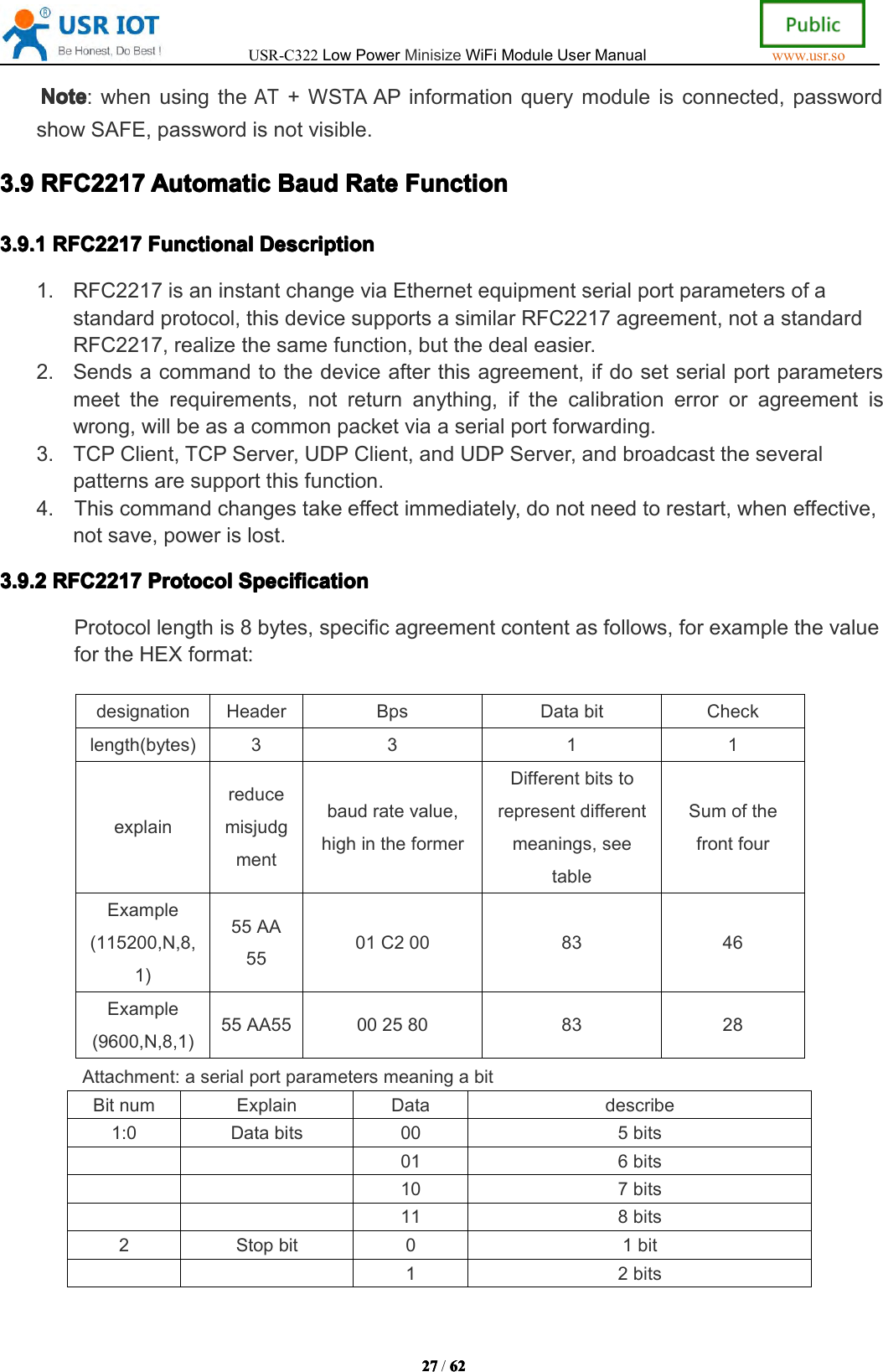 USR-C322LowPowerMinisizeWiFiModuleUserManualwww.usr.so27272727/6262626 2NoteNoteNoteNote:whenusingtheAT+WSTAAPinformationquerymoduleisconnected,passwordshowSAFE,passwordisnotvisible.3.3.3.3.9999RFC2217RFC 2217RFC2217RFC2217AutomaticAut omaticAutomaticAutomaticBaudBaudB audBaudRateRateRateR ateFunctionFun ctionFunctionFunction3.3.3.3.9999.1.1.1. 1RFC2217RFC 2217RFC2217RFC2217FunctionalFun ctionalFunctionalFunctionalDescriptionDes criptionDescriptionDescription1.RFC2217isaninstantchangeviaEthernetequipmentserialportparametersofastandardprotocol,thisdevicesupportsasimilarRFC2217agreement,notastandardRFC2217,realizethesamefunction,butthedealeasier.2.Sendsacommandtothedeviceafterthisagreement,ifdosetserialportparametersmeettherequirements,notreturnanything,ifthecalibrationerrororagreementiswrong,willbeasacommonpacketviaaserialportforwarding.3.TCPClient,TCPServer,UDPClient,andUDPServer,andbroadcasttheseveralpatternsaresupportthisfunction.4.Thiscommandchangestakeeffectimmediately,donotneedtorestart,wheneffective,notsave,powerislost.3.3.3.3.9999....2222RFC2217RFC 2217RFC2217RFC2217ProtocolPro tocolProtocolProtocolSpecificationSpe cificationSpecificationSpecificationProtocollengthis8bytes,specificagreementcontentasfollows,forexamplethevaluefortheHEXformat:Attachment:aserialportparametersmeaningabitBitnumExplainDatadescribe1:0Databits005bits016bits107bits118bits2Stopbit01bit12bitsdesignationHeaderBpsDatabitChecklength(bytes)3311explainreducemisjudgmentbaudratevalue,highintheformerDifferentbitstorepresentdifferentmeanings,seetableSumofthefrontfourExample(115200,N,8,1)55AA5501C2008346Example(9600,N,8,1)55AA550025808328