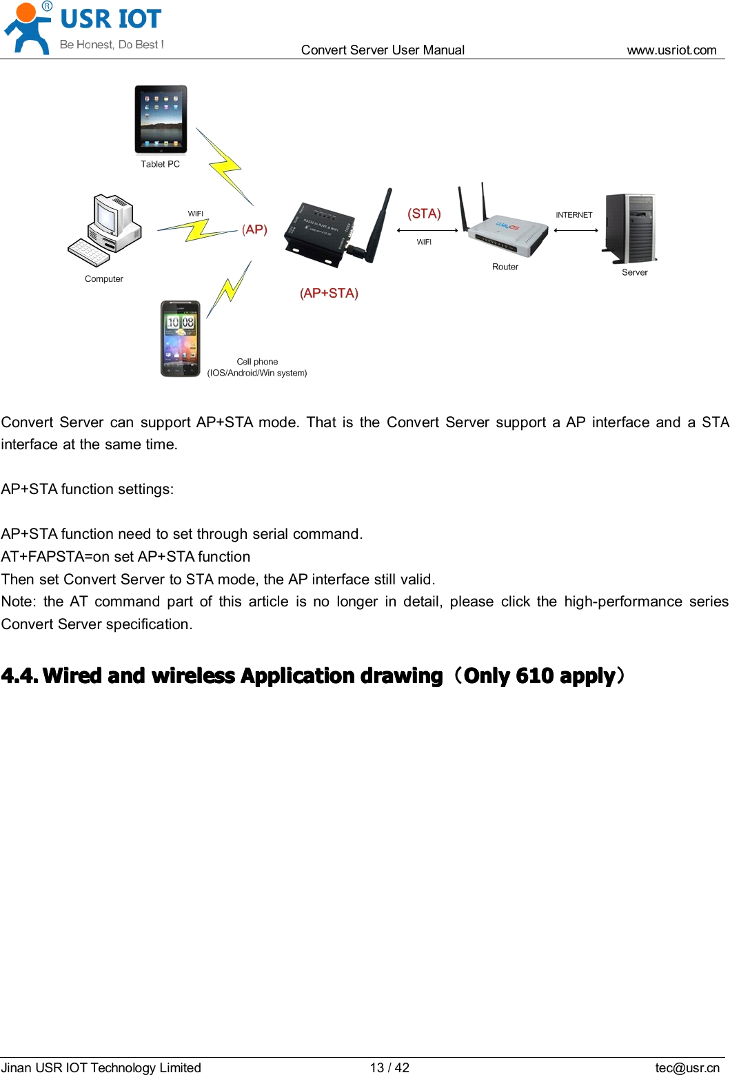 Convert Server User Manual www.usr iot.c omJinan USR IOT Technology Limited 13/42 tec@usr.cnConvert Server can support AP+STA mode. That is the Convert Server support a AP interface and aSTAinterface at the same time.AP+STA function settings:AP+STA function need to set through serial command.AT+FAPSTA=on set AP+STA functionThen set Convert Server toSTAmode, the AP interface still valid .Note: the AT command part of this article is no longer in detail, please click the high-performance seriesConvert Server specification.4.4.4.4.4.4.4.4. WiredWiredWiredWired andandandand wirelesswirelesswirelesswireless ApplicationApplicationApplicationApplication drawingdrawingdrawingdrawing （（（（OnlyOnlyOnlyOnly 610610610610 applyapplyapplyapply ））））