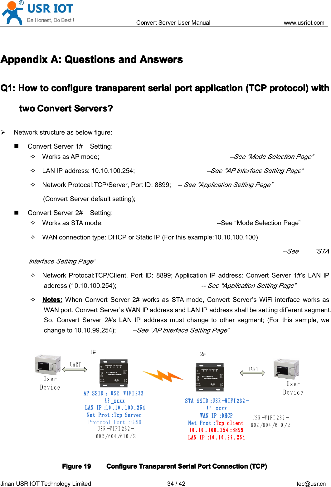 Convert Server User Manual www.usr iot.c omJinan USR IOT Technology Limited 34/42 tec@usr.cnAppendixAppendixAppendixAppendix AAAA :::: QuestionsQuestionsQuestionsQuestions andandandand AnswersAnswersAnswersAnswersQ1:Q1:Q1:Q1: HowHowHowHow totototo configureconfigureconfigureconfigure transparenttransparenttransparenttransparent serialserialserialserial portportportport applicationapplicationapplicationapplication (TCP(TCP(TCP(TCP protocol)protocol)protocol)protocol) withwithwithwithtwotwotwotwo ConvertConvertConvertConvert ServerServerServerServer s?s?s?s?Network structure as below figure:Convert Server 1# Setting:Works as AP mode;--See &ldquo; Mode Selection Page&rdquo;LAN IP address: 10.10.100.254;--See &ldquo; AP Interface Setting Page&rdquo;Network Protocal:TCP/Server, Port ID: 8899;-- See &ldquo; Application Setting Page&rdquo;( Convert Server default setting);Convert Server 2# Setting:Works asSTAmode; --See &ldquo; Mode Selection Page &rdquo;WAN connection type: DHCP or Static IP (For this example:10.10.100.100)--See &ldquo; STAInterface Setting Page&rdquo;Network Protocal:TCP/Client, Port ID: 8899; Application IP address: Convert Server 1#&rsquo;s LAN IPaddress (10.10.100.254);-- See &ldquo; Application Setting Page&rdquo;Notes:Notes:Notes:Notes: When Convert Server 2# works as STA mode, Convert Server&rsquo;s WiFi interface works asWAN port. Convert Server &rsquo; s WAN IP address and LAN IP address shall be setting different segment.So, Convert Server 2# &rsquo; s LAN IP address must change to other segment; (For this sample, wechange to 10.10.99.254);--See &ldquo; AP Interface Setting Page&rdquo;USR-WIFI232-602/604/610/ 2User DeviceUARTUSR-WIFI232-602/604/610/ 2UARTAP SSID：USR-WIFI232-AP_xxxxLAN IP:10.10.100.254Net Prot:Tcp ServerProtocol Port:8899STA SSID:USR-WIFI232-AP_xxxxWAN IP:DHCPNet Prot:Tcp client10.10.100.254:8899LAN IP:10.10.99.2541 #2 #User DeviceFigureFigureFigureFigure 19191919 ConfigureConfigureConfigureConfigure TransparentTransparentTransparentTransparent SerialSerialSerialSerial PortPortPortPort ConnectionConnectionConnectionConnection (TCP)(TCP)(TCP)(TCP)