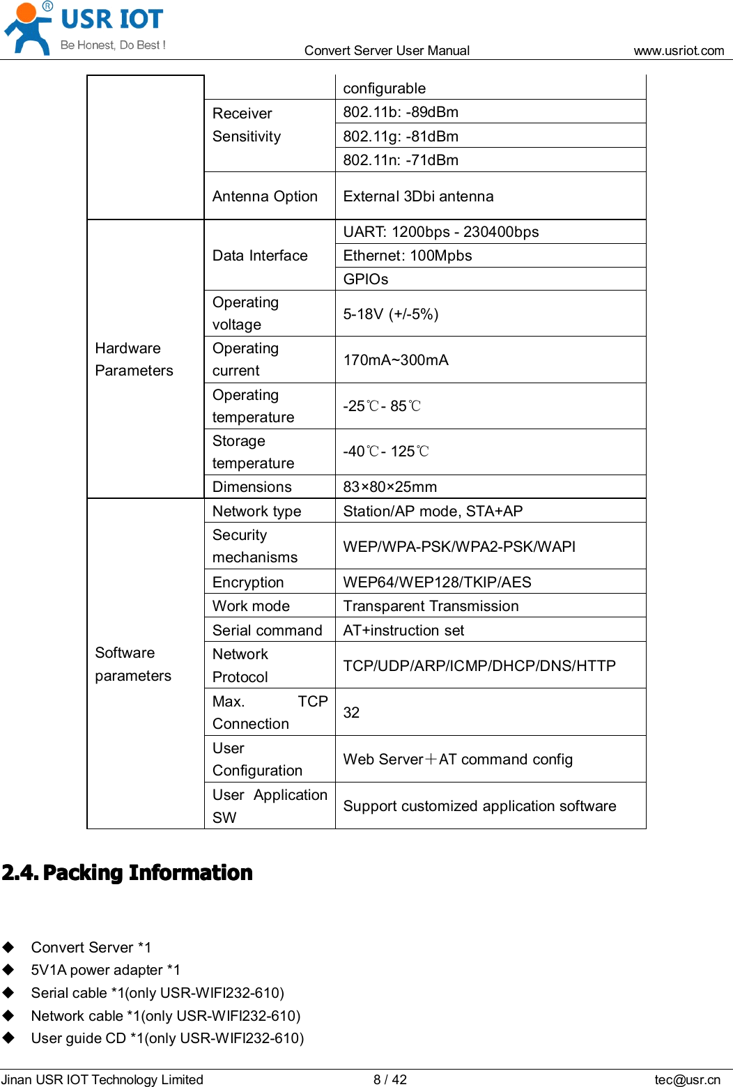 Convert Server User Manual www.usr iot.c omJinan USR IOT Technology Limited 8/42 tec@usr.cnconfigurableReceiverSensitivity802.11b: -89dBm802.11g: -81dBm802.11n: -71dBmAntenna Option Externa l 3Dbi antennaHardwareParametersData InterfaceUART : 1200bps - 230400bpsEthernet : 100MpbsGPIOsOperatingvoltage5-18V (+/-5%)Operatingcurrent170mA~300mAOperatingtemperature-25 ℃- 85 ℃Storagetemperature-40 ℃- 125 ℃Dimensions 83 &times; 80 &times; 25mmSoftwareparametersNetwork type Station/AP mode , STA+APSecuritymechanismsWEP/WPA-PSK/WPA2-PSK/WAPIEncryption WEP64/WEP128/TKIP/AESWork mode Transparent TransmissionSerial command AT+instruction setNetworkProtocolTCP/UDP/ARP/ICMP/DHCP/DNS/HTTPMax. TCPConnection32UserConfigurationWeb Server ＋ATcommand configUser ApplicationSWSupport customized application software2.4.2.4.2.4.2.4. PackingPackingPackingPacking InformationInformationInformationInformationConvert Server *15V1A power adapt e r *1Serial cable *1 (only USR-WIFI232-610)Network cable *1 (only USR-WIFI232-610)User guide CD *1 (only USR-WIFI232-610)   