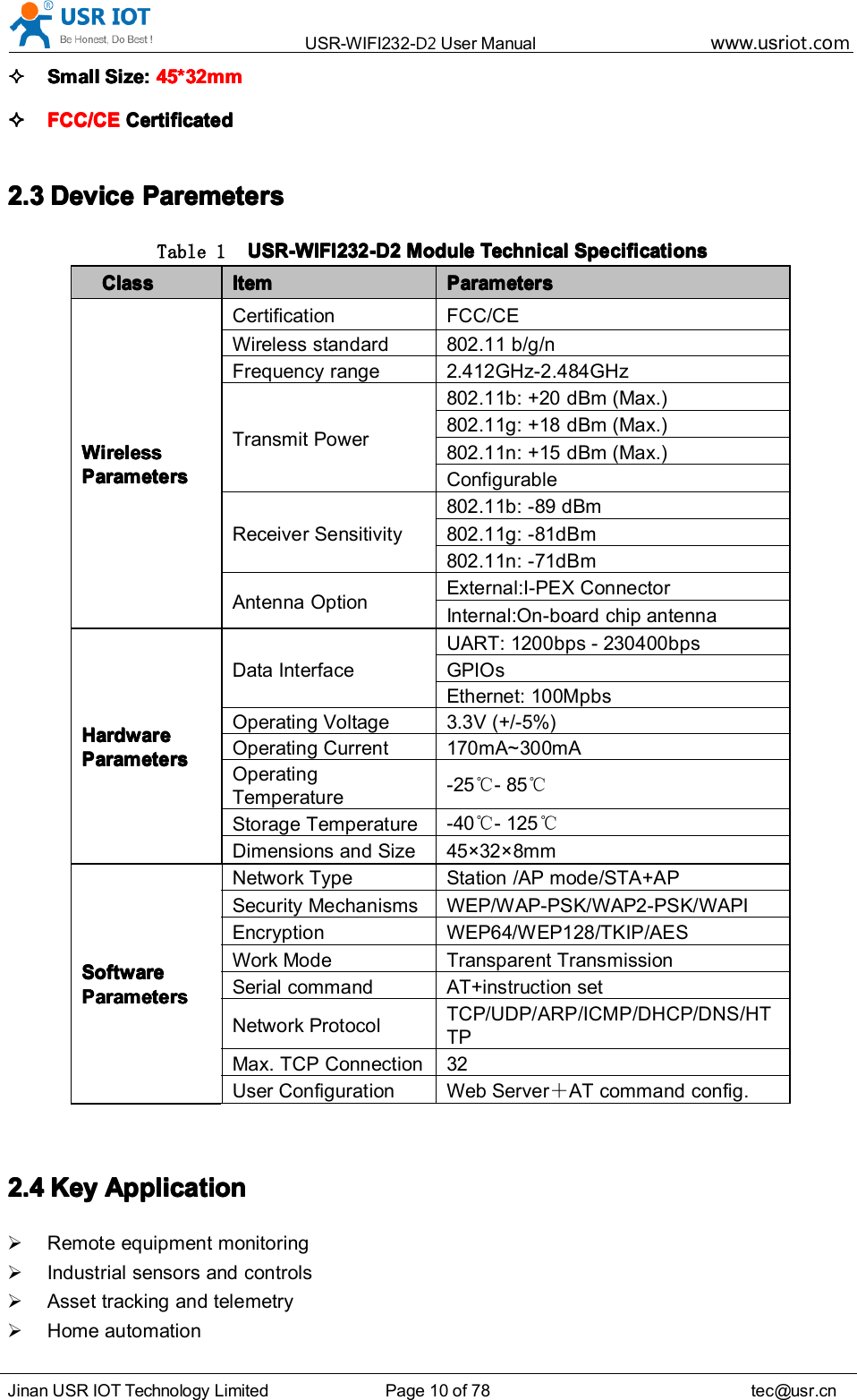 USR-WIFI232- D2 User Manual www.usr iot .comJinan USR IOT Technology Limited Page 10 of 78 tec@usr.cnSmallSmallSmallSmall Size:Size:Size:Size: 45*3245*3245*3245*32 mmmmmmmmFCC/CEFCC/CEFCC/CEFCC/CE CertificatedCertificatedCertificatedCertificated2.32.32.32.3 DeviceDeviceDeviceDevice ParemetersParemetersParemetersParemetersTable 1 USR-WIFI232-D2USR-WIFI232-D2USR-WIFI232-D2USR-WIFI232-D2 ModuleModuleModuleModule TechnicalTechnicalTechnicalTechnical SpecificationsSpecificationsSpecificationsSpecificationsClassClassClassClass ItemItemItemItem ParametersParametersParametersParametersWirelessWirelessWirelessWirelessParametersParametersParametersParametersCertification FCC / CEWireless standard 802.11 b/g/nFrequency range 2.412GHz-2.484GHzTransmit Power802.11b: +20 dBm (Max.)802.11g: +18 dBm (Max.)802.11n: +15 dBm (Max.)ConfigurableReceiver Sensitivity802.11b: -89 dBm802.11g: -81dBm802.11n: -71dBmAntenna OptionExternal : I-PEX ConnectorInternal :On-board chip antennaHardwareHardwareHardwareHardwareParametersParametersParametersParametersData InterfaceUART: 1200bps - 230400bpsGPIOsEthernet: 100MpbsOperating Voltage 3.3V (+/-5%)Operating Current 170mA~300mAOperatingTemperature-25 ℃- 85 ℃Storage Temperature-40 ℃- 125 ℃Dimensions and Size 45 × 32 × 8mmSoftwareSoftwareSoftwareSoftwareParametersParametersParametersParametersNetwork Type Station /AP mode /STA+APSecurity Mechanisms WEP/WAP-PSK/WAP2-PSK/WAPIEncryption WEP64/WEP128/TKIP/AESWork Mode Transparent TransmissionSerial command AT+instruction setNetwork ProtocolTCP/UDP/ARP/ICMP/DHCP/DNS/HTTPMax. TCP Connection 32User ConfigurationWeb Server ＋AT command config.2.42.42.42.4 KeyKeyKeyKey ApplicationApplicationApplicationApplicationRemote equipment monitoringIndustrial sensors and controlsAsset tracking and telemetryHome automation