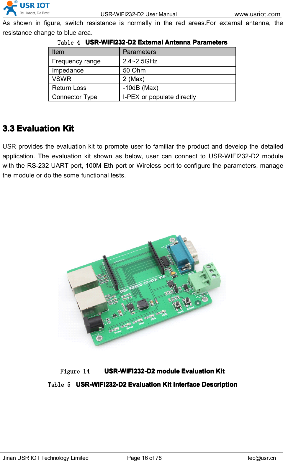 USR-WIFI232- D2 User Manual www.usr iot .comJinan USR IOT Technology Limited Page 16 of 78 tec@usr.cnAs shown in figure, switch resistance is normally in the red areas.For external antenna, theresistance change to blue area.Table 4 USR-WIFI232-D2USR-WIFI232-D2USR-WIFI232-D2USR-WIFI232-D2 ExternalExternalExternalExternal AntennaAntennaAntennaAntenna ParametersParametersParametersParameters3.33.33.33.3 EvaluationEvaluationEvaluationEvaluation KitKitKitKitUSR provides the evaluation kit to promote user to familiar the product and develop the detailedapplication. The evaluation kit shown as below, user can connect to USR-WIFI232-D2 modulewith the RS-232 UART port, 100M Eth port or Wireless port to configure the parameters, managethe module or do the some functional tests.Figure 14 USR-WIFI232-USR-WIFI232-USR-WIFI232-USR-WIFI232- D2D2D2D2 modulemodulemodulemodule EvaluationEvaluationEvaluationEvaluation KitKitKitKitTable 5 USR-WIFI232-USR-WIFI232-USR-WIFI232-USR-WIFI232- D2D2D2D2 EvaluationEvaluationEvaluationEvaluation KitKitKitKit InterfaceInterfaceInterfaceInterface DescriptionDescriptionDescriptionDescriptionItem ParametersFrequency range 2.4~2.5GHzImpedance 50 OhmVSWR 2 (Max)Return Loss -10dB (Max)Connector Type I-PEX or populate directly