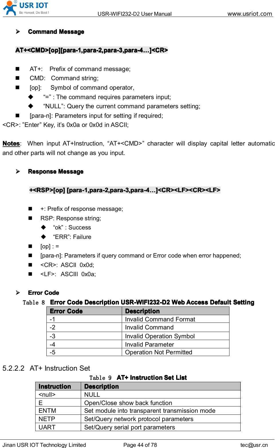 USR-WIFI232- D2 User Manual www.usr iot .comJinan USR IOT Technology Limited Page 44 of 78 tec@usr.cnCommandCommandCommandCommand MessageMessageMessageMessageAT+<CMD>[op][para-1,para-2,para-3,para-4AT+<CMD>[op][para-1,para-2,para-3,para-4AT+<CMD>[op][para-1,para-2,para-3,para-4AT+<CMD>[op][para-1,para-2,para-3,para-4 &hellip;&hellip;&hellip;&hellip; ]<CR>]<CR>]<CR>]<CR>AT+: Prefix of command message;CMD: Command string;[op]: Symbol of command operator,&ldquo; = &rdquo; : The command requires parameters input;&ldquo; NULL &rdquo; : Query the current command parameters setting;[para-n]: Parameters input for setting if required;<CR> : &rdquo; Enter &rdquo; Key, it &rsquo; s 0x0a or 0x0d in ASCII;NotesNotesNotesNotes : When input AT+Instruction, &ldquo; AT+<CMD> &rdquo; character will display capital letter automaticand other parts will not change as you input.ResponseResponseResponseResponse MessageMessageMessageMessage+<RSP>[op]+<RSP>[op]+<RSP>[op]+<RSP>[op] [para-1,para-2,para-3,para-4[para-1,para-2,para-3,para-4[para-1,para-2,para-3,para-4[para-1,para-2,para-3,para-4 &hellip;&hellip;&hellip;&hellip; ]<CR><LF><CR><LF>]<CR><LF><CR><LF>]<CR><LF><CR><LF>]<CR><LF><CR><LF>+: Prefix of response message;RSP: Response string;&ldquo; ok &rdquo; : Success&ldquo; ERR &rdquo; : Failure[op] : =[para-n]: Parameters if query command or Error code when error happened;<CR>: ASCII 0x0d;<LF>: ASCIII 0x0a;ErrorErrorErrorError CodeCodeCodeCodeTable 8 ErrorErrorErrorError CodeCodeCodeCode DescriptionDescriptionDescriptionDescription USR-WIFI232-D2USR-WIFI232-D2USR-WIFI232-D2USR-WIFI232-D2 WebWebWebWeb AccessAccessAccessAccess DefaultDefaultDefaultDefault SettingSettingSettingSettingErrorErrorErrorError CodeCodeCodeCode DescriptionDescriptionDescriptionDescription-1 Invalid Command Format-2 Invalid Command-3 Invalid Operation Symbol-4 Invalid Parameter-5 Operation Not Permitted5.2.2.2 AT+ Instruction SetTable 9 AT+AT+AT+AT+ InstructionInstructionInstructionInstruction SetSetSetSet ListListListListInstructionInstructionInstructionInstruction DescriptionDescriptionDescriptionDescription<null> NULLE Open/Close show back functionENTM Set module into transparent transmission modeNETP Set/Query network protocol parametersUART Set/Query serial port parameters