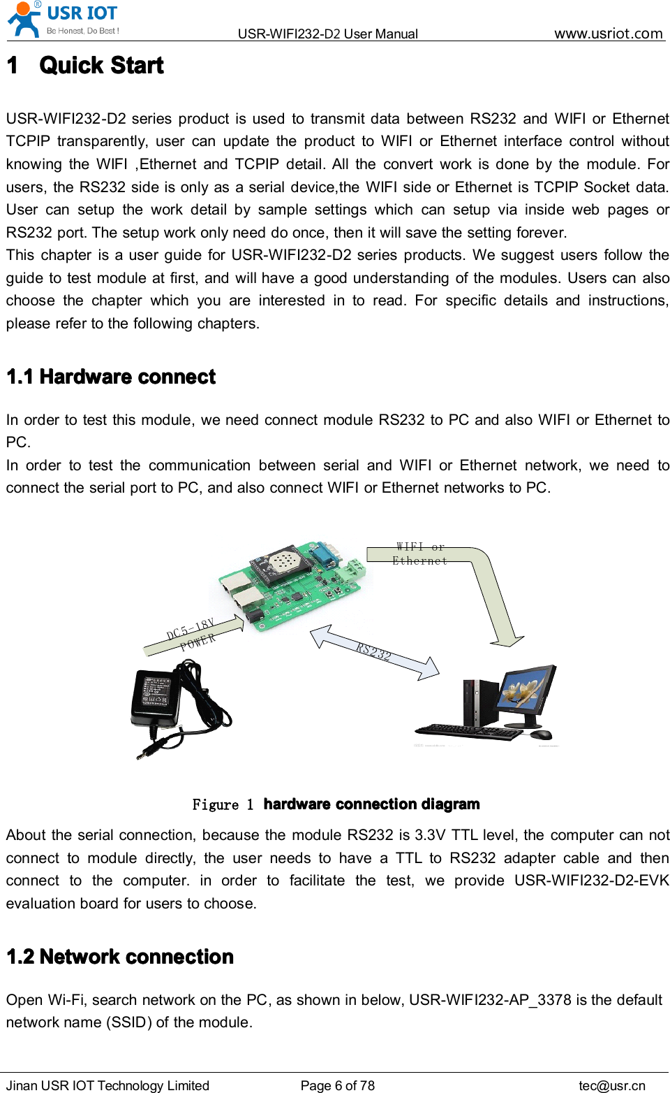 USR-WIFI232- D2 User Manual www.usr iot .comJinan USR IOT Technology Limited Page 6 of 78 tec@usr.cn1111 QuickQuickQuickQuick StartStartStartStartUSR-WIFI232 -D2 series product is used to transm it data between RS232 and WIFI or EthernetTCPIP transparently, user can update the product to WIFI or Ethernet interface control withoutknow ing the WIFI , Ethernet and TCPIP detail. All the convert work is done by the module . F orusers, the RS232 side is only as a serial device,the WIFI side or Ethernet is TCPIP Socket data.User can setup the work detail by sample settings which can setup via inside web pages orRS232 port . T he setup work only need do once, then it will save the setting forever.This chapter is a user guide for USR-WIFI232 -D2 series products. W e suggest users follow theguide to test module at first, and will have a good understanding of the modules. U sers can alsochoose the chapter which you are interested in to read. For specific details and instructions,please refer to the following chapters.1.11.11.11.1 HardwareHardwareHardwareHardware connectconnectconnectconnectIn order to test this module, we need connect module RS232 to PC and also WIFI or Ethernet toPC.In order to test the communication between serial and WIFI or Ethernet network, we need toconnect the serial port to PC, and also connect WIFI or Ethernet networks to PC.DC5-18VPOWERWIFI or EthernetRS232Figure 1 hardwarehardwarehardwarehardware connectionconnectionconnectionconnection diagramdiagramdiagramdiagramAbout the serial connection, because the module RS232 is 3.3V TTL lev el, the computer can notconnect to module directly, the user needs to have a TTL to RS232 adapter cable and thenconnect to the computer. in order to facilitate the test, we provide USR-WIFI232- D2-EVKevaluation board for users to choose.1.21.21.21.2 NetworkNetworkNetworkNetwork connectionconnectionconnectionconnectionOpen Wi-Fi, search network on the PC , as shown in below, USR-WIFI232- AP_3378 is the defaultnetwork name (SSID) of the module.
