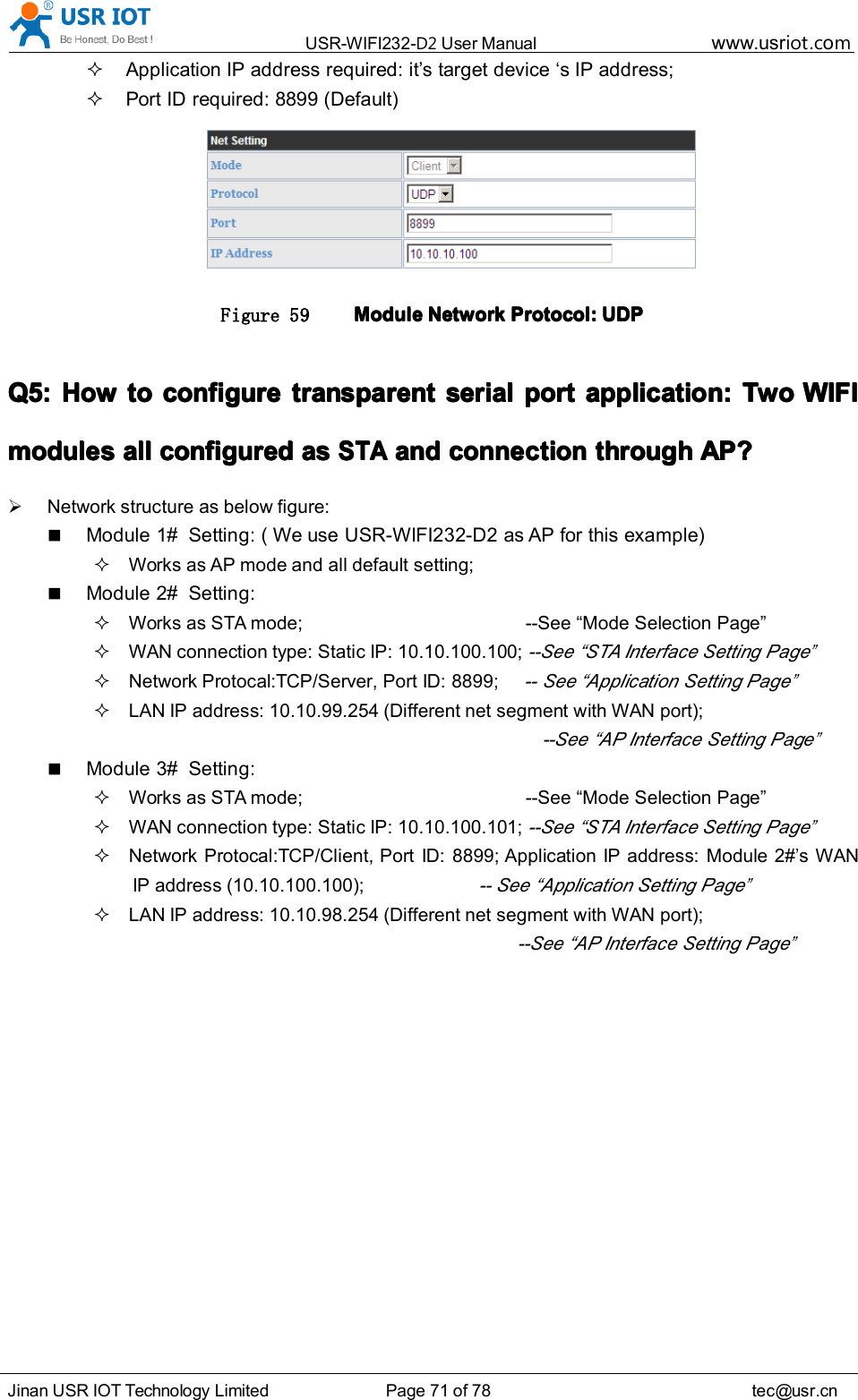 USR-WIFI232- D2 User Manual www.usr iot .comJinan USR IOT Technology Limited Page 71 of 78 tec@usr.cnApplication IP address required: it &rsquo; s target device &lsquo; s IP address;Port ID required: 8899 (Default)Figure 59 ModuleModuleModuleModule NetworkNetworkNetworkNetwork Protocol:Protocol:Protocol:Protocol: UDPUDPUDPUDPQ5:Q5:Q5:Q5: HowHowHowHow totototo configureconfigureconfigureconfigure transparenttransparenttransparenttransparent serialserialserialserial portportportport application:application:application:application: TwoTwoTwoTwo WIFIWIFIWIFIWIFImodulesmodulesmodulesmodules allallallall configuredconfiguredconfiguredconfigured asasasasSTASTASTASTAandandandand connectionconnectionconnectionconnection throughthroughthroughthrough AP?AP?AP?AP?Network structure as below figure:Module 1# Setting: ( We use USR-WIFI232-D2 as AP for this example)Works as AP mode and all default setting;Module 2# Setting:Works as STA mode; --See &ldquo; Mode Selection Page &rdquo;WAN connection type: Static IP: 10.10.100.100;--See &ldquo; STA Interface Setting Page&rdquo;Network Protocal:TCP/Server, Port ID: 8899;-- See &ldquo; Application Setting Page&rdquo;LAN IP address: 10.10.99.254 (Different net segment with WAN port);--See &ldquo; AP Interface Setting Page&rdquo;Module 3# Setting:Works as STA mode; --See &ldquo; Mode Selection Page &rdquo;WAN connection type: Static IP: 10.10.100.101;--See &ldquo; STA Interface Setting Page&rdquo;Network Protocal:TCP/Client, Port ID: 8899; Application IP address: Module 2#&rsquo;s WANIP address (10.10.100.100);-- See &ldquo; Application Setting Page&rdquo;LAN IP address: 10.10.98.254 (Different net segment with WAN port);--See &ldquo; AP Interface Setting Page&rdquo;