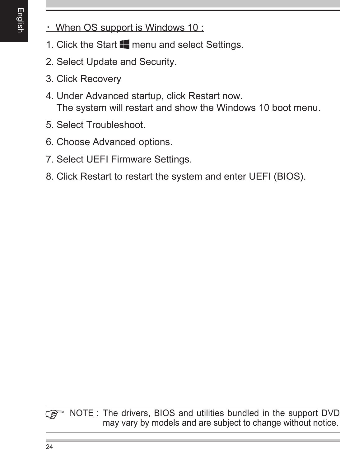 24English・ When OS support is Windows 10 :1.  Click the Start   menu and select Settings.2.  Select Update and Security.3.  Click Recovery4.  Under Advanced startup, click Restart now.  The system will restart and show the Windows 10 boot menu.5. Select Troubleshoot.6.  Choose Advanced options.7. Select UEFI Firmware Settings.8. Click Restart to restart the system and enter UEFI (BIOS).NOTE :  The drivers, BIOS and utilities bundled  in the support DVD may vary by models and are subject to change without notice.