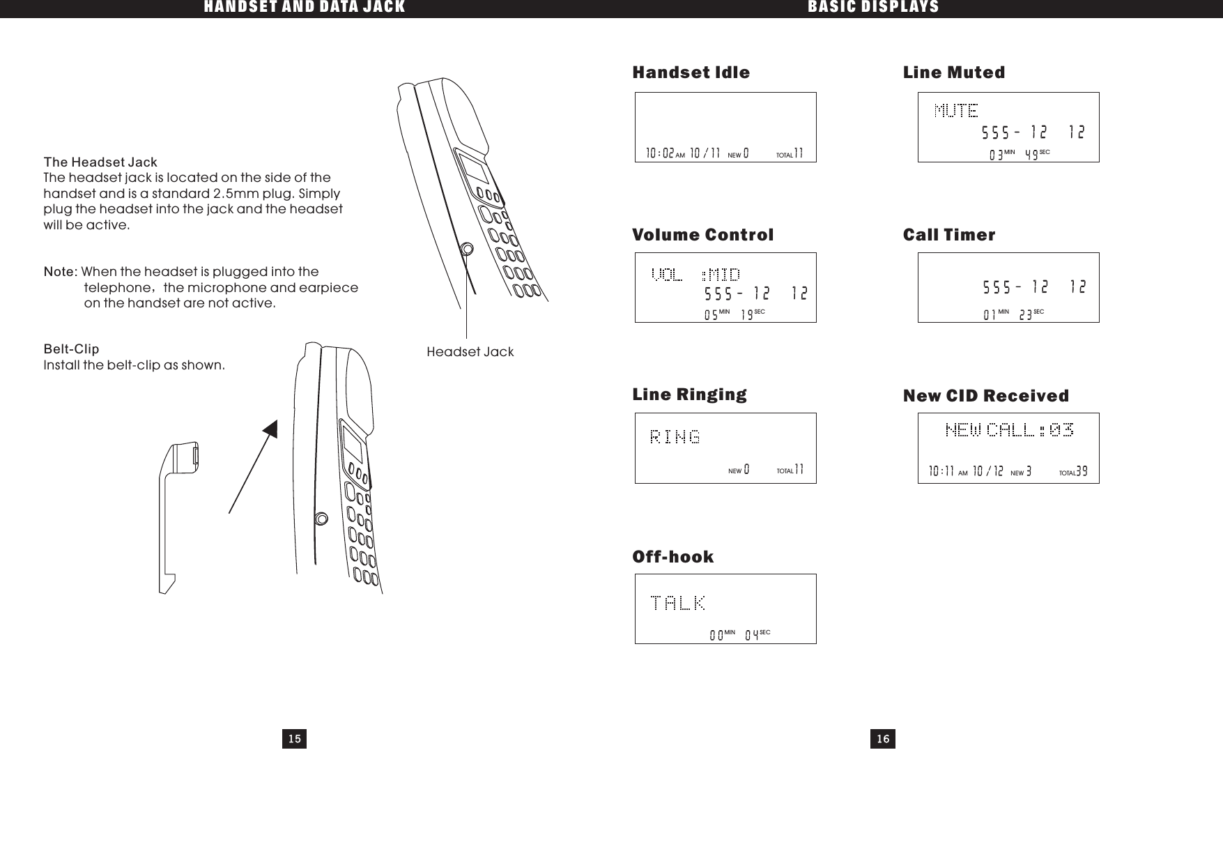 The Headset JackNote:Belt-ClipThe headset jack is located on the side of thehandset and is a standard 2.5mm plug. Simplyplug the headset into the jack and the headsetwill be active.When the headset is plugged into thetelephone the microphone and earpieceon the handset are not active.Install the belt-clip as shown.HANDSET AND DATA JACK BASIC DISPLAYS15 16Headset JackHandset ldleAM NEW TOTALLine MutedMIN SECVolume ControlMIN SECCall TimerMIN SECLine Ringing New CID ReceivedAM NEW TOTALMIN SECOff-hookNEW TOTAL