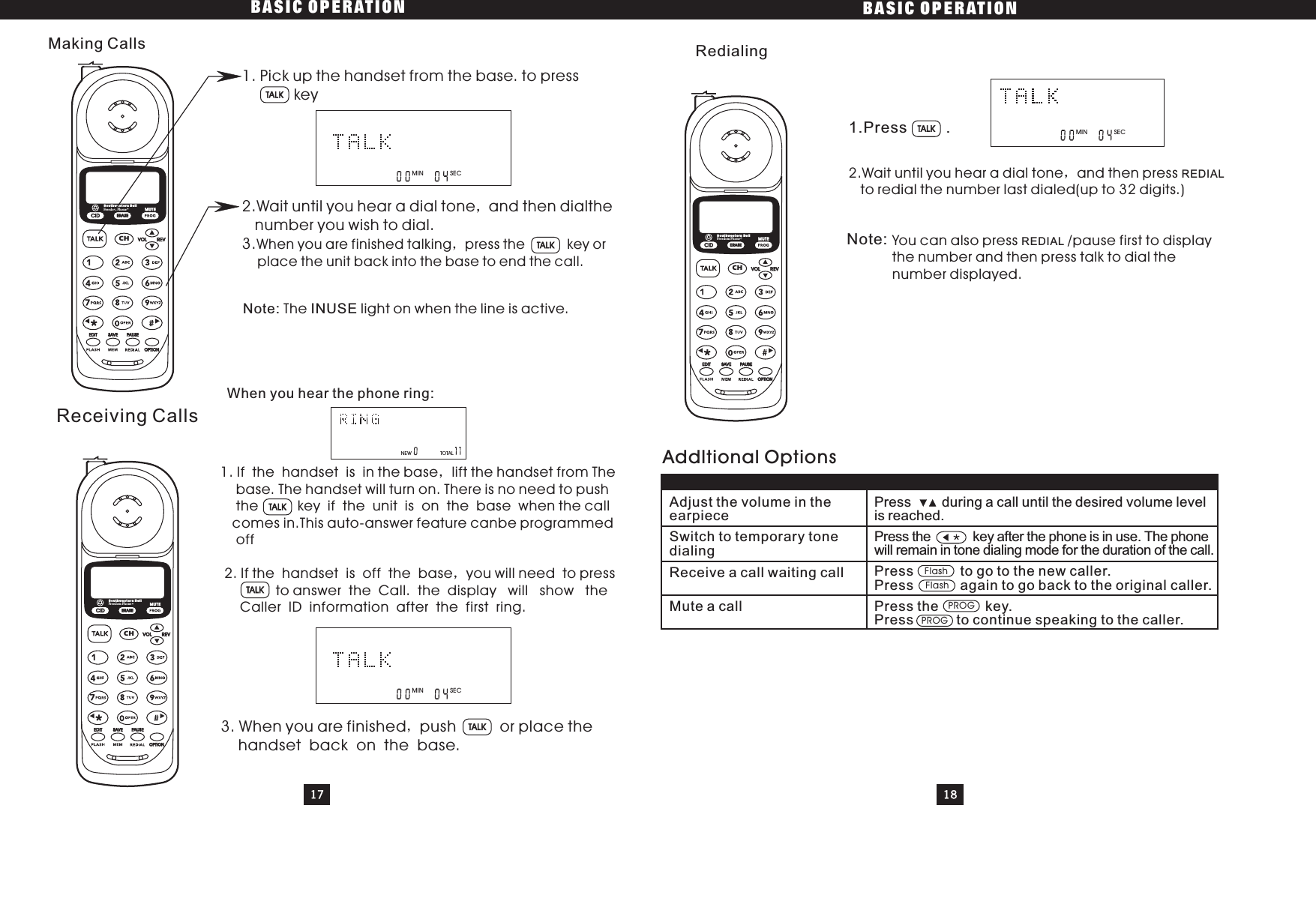 Addltional OptionsAdjust the volume in theearpieceSwitch to temporary tonedialingReceive a call waiting callMuteacall1. Pick up the handset from the base. to presskey2.Wait until you hear a dial tone and then dialthenumber you wish to dial.3.When you are finished talking press the key orplace the unit back into the base to end the call.BASIC OPERATION BASIC OPERATIONPress during a call until the desired volume levelis reached.Press the key after the phone is in use. The phonewill remain in tone dialing mode for the duration of the call.Press to go to the new caller.Press again to go back to the original caller.Press the key.Press to continue speaking to the caller.17181. If the handset is in the base lift the handset from Thebase. The handset will turn on. There is no need to pushthe key if the unit is on the base when the callcomes in.This auto-answer feature canbe programmedoff2. If the handset is off the base you will need to pressto answer the Call. the display will show theCaller ID information after the first ring.When you hear the phone ring:3. When you are finished push or place thehandset back on the base.Making CallsNote: INUSEThe light on when the line is active.MIN SECTALKReceiving CallsTALKTALKTALKMIN SEC2.Wait until you hear a dial tone and then pressto redial the number last dialed(up to 32 digits.)You can also press /pause first to displaythe number and then press talk to dial thenumber displayed.REDIALREDIALMIN SECRedialing1.Press .TALKNote:FlashFlashPROGPROGTALKNEW TOTALCIDCHERASEREVVOLEDIT SAVE PAUSEOPTIONSouthwestern BellFreedom Phone RMUTECIDCHERASEREVVOLEDIT SAVE PAUSEOPTIONSouthwestern BellFreedom Phone RMUTECIDCHERASEREVVOLEDIT SAVE PAUSEOPTIONSouthwestern BellFreedom Phone RMUTE