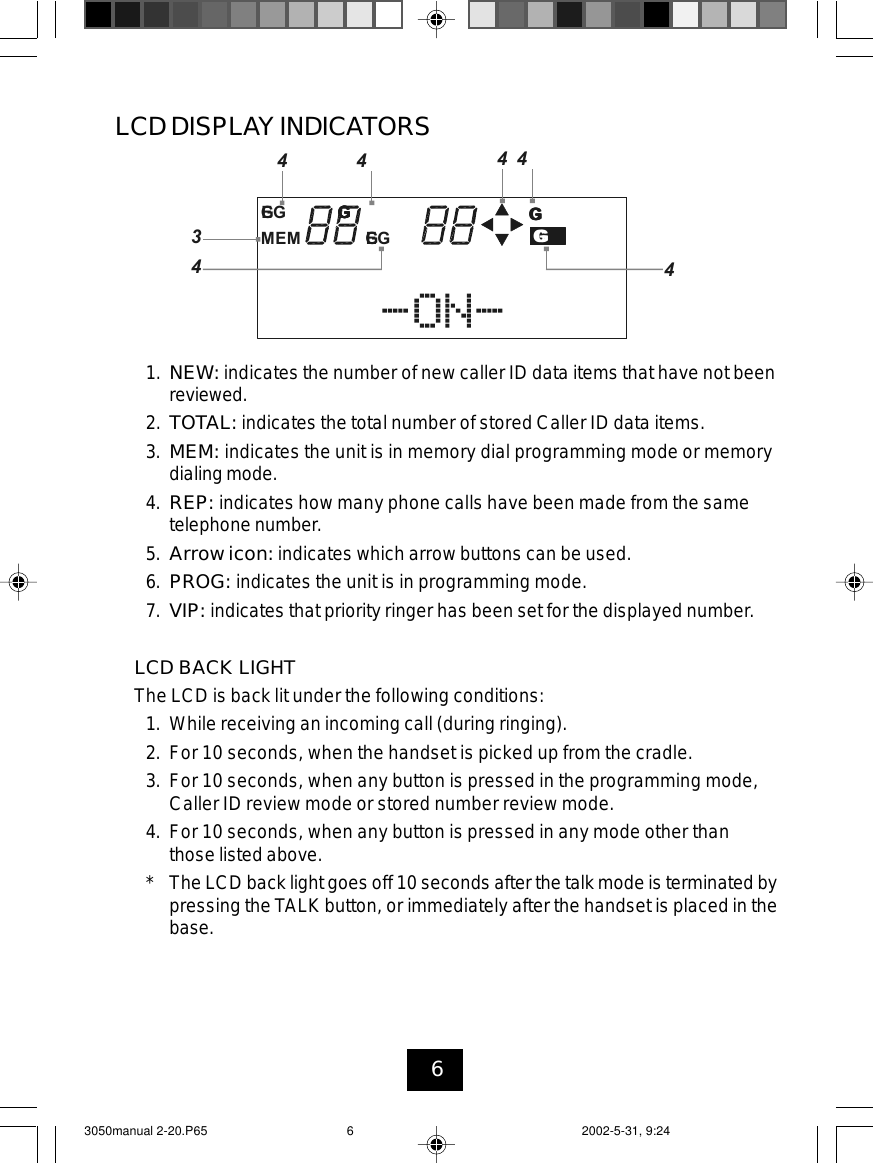 6LCD DISPLAY INDICATORS1. NEW: indicates the number of new caller ID data items that have not beenreviewed.2. TOTAL: indicates the total number of stored Caller ID data items.3. MEM: indicates the unit is in memory dial programming mode or memorydialing mode.4. REP: indicates how many phone calls have been made from the sametelephone number.5. Arrow icon: indicates which arrow buttons can be used.6. PROG: indicates the unit is in programming mode.7. VIP: indicates that priority ringer has been set for the displayed number.LCD BACK LIGHTThe LCD is back lit under the following conditions:1. While receiving an incoming call (during ringing).2. For 10 seconds, when the handset is picked up from the cradle.3. For 10 seconds, when any button is pressed in the programming mode,Caller ID review mode or stored number review mode.4. For 10 seconds, when any button is pressed in any mode other thanthose listed above.* The LCD back light goes off 10 seconds after the talk mode is terminated bypressing the TALK button, or immediately after the handset is placed in thebase.ÿþÿ þþ ÿ 3050manual 2-20.P65 2002-5-31, 9:246