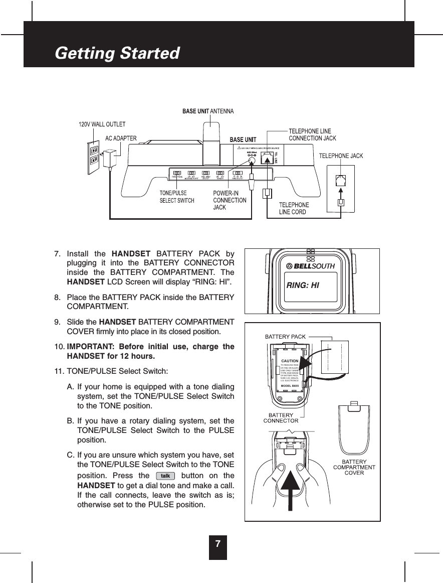 7. Install the HANDSET BATTERY PACK byplugging it into the BATTERY CONNECTORinside the BATTERY COMPARTMENT. TheHANDSET LCD Screen will display “RING: HI”.8. Place the BATTERY PACK inside the BATTERYCOMPARTMENT.9. Slide the HANDSET BATTERY COMPARTMENTCOVER firmly into place in its closed position.10. IMPORTANT: Before initial use, charge theHANDSET for 12 hours.11. TONE/PULSE Select Switch:A. If your home is equipped with a tone dialingsystem, set the TONE/PULSE Select Switchto the TONE position.B. If you have a rotary dialing system, set theTONE/PULSE Select Switch to the PULSEposition.C. If you are unsure which system you have, setthe TONE/PULSE Select Switch to the TONEposition. Press the button on theHANDSET to get a dial tone and make a call.If the call connects, leave the switch as is;otherwise set to the PULSE position.talk9VDC 500mATEL LINE7Getting StartedCAUTIONTO REDUCE RISKOF FIRE OR INJURY,USE ONLY SAMETYPE AND MAKEOF BATTERY PACK,Ni-Mh 3.6V, 600mAh,U.S. ELECTRONICSMODEL B655RING: HI