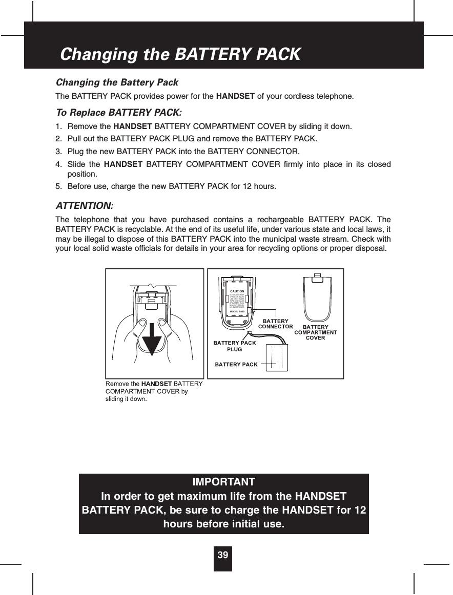 Changing the Battery PackThe BATTERY PACK provides power for the HANDSET of your cordless telephone.To Replace BATTERY PACK:1. Remove the HANDSET BATTERY COMPARTMENT COVER by sliding it down.2. Pull out the BATTERY PACK PLUG and remove the BATTERY PACK.3. Plug the new BATTERY PACK into the BATTERY CONNECTOR.4. Slide the HANDSET BATTERY COMPARTMENT COVER firmly into place in its closedposition.5. Before use, charge the new BATTERY PACK for 12 hours.ATTENTION:The telephone that you have purchased contains a rechargeable BATTERY PACK. TheBATTERY PACK is recyclable. At the end of its useful life, under various state and local laws, itmay be illegal to dispose of this BATTERY PACK into the municipal waste stream. Check withyour local solid waste officials for details in your area for recycling options or proper disposal.39Changing the BATTERY PACKIMPORTANTIn order to get maximum life from the HANDSETBATTERY PACK, be sure to charge the HANDSET for 12hours before initial use.CAUTIONTO REDUCE RISKOF FIRE OR INJURY,USE ONLY SAMETYPE AND MAKEOF BATTERY PACK,Ni-Mh 3.6V, 600mAh,U.S. ELECTRONICSMODEL B655