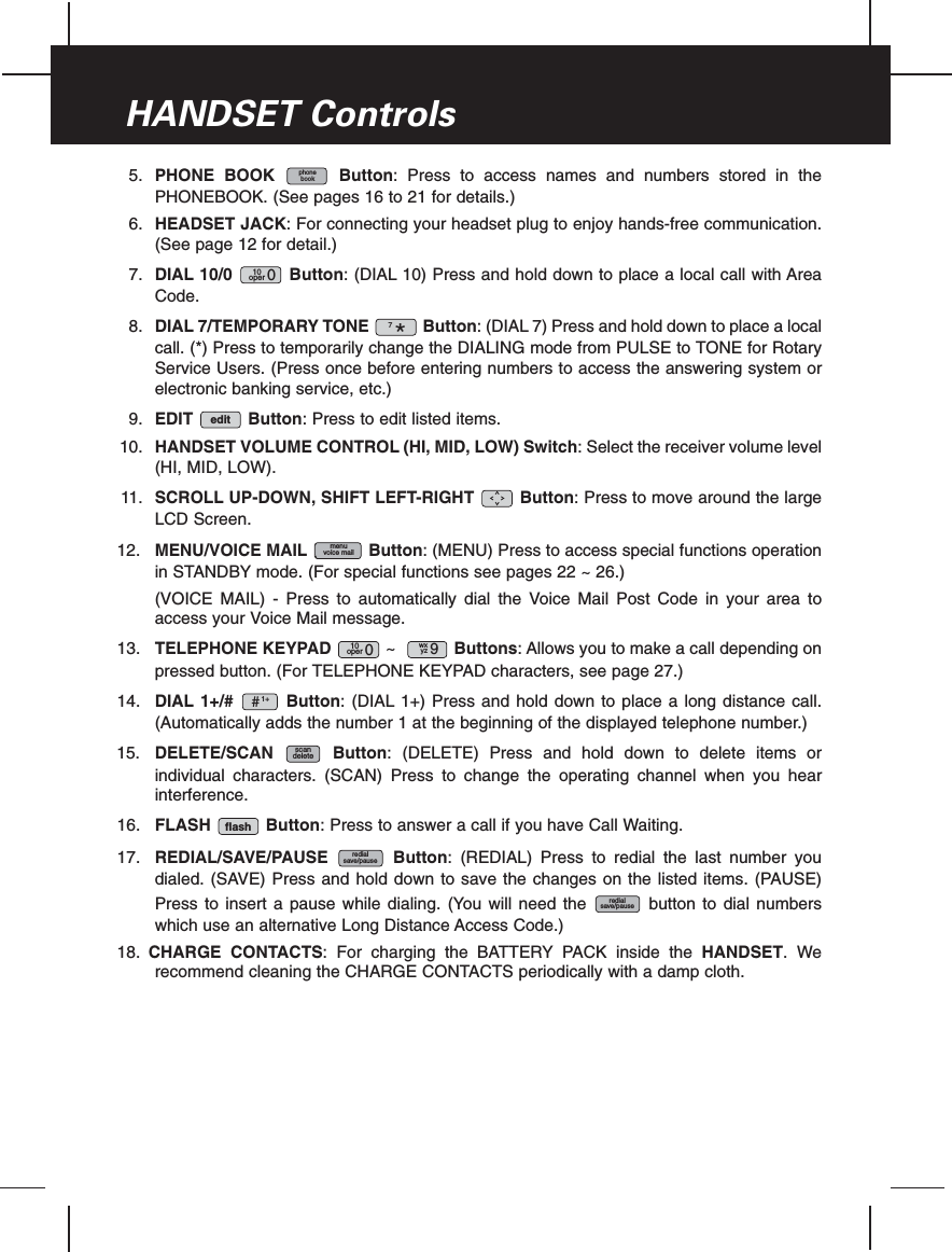 5. PHONE BOOK Button: Press to access names and numbers stored in thePHONEBOOK. (See pages 16 to 21 for details.)6. HEADSET JACK: For connecting your headset plug to enjoy hands-free communication.(See page 12 for detail.)7. DIAL 10/0 Button: (DIAL 10) Press and hold down to place a local call with AreaCode.8. DIAL 7/TEMPORARY TONE Button: (DIAL 7) Press and hold down to place a localcall. (*) Press to temporarily change the DIALING mode from PULSE to TONE for RotaryService Users. (Press once before entering numbers to access the answering system orelectronic banking service, etc.)9. EDIT Button: Press to edit listed items.10. HANDSET VOLUME CONTROL (HI, MID, LOW) Switch: Select the receiver volume level(HI, MID, LOW).11. SCROLL UP-DOWN, SHIFT LEFT-RIGHT Button: Press to move around the largeLCD Screen.12. MENU/VOICE MAIL Button: (MENU) Press to access special functions operationin STANDBY mode. (For special functions see pages 22 ~ 26.)(VOICE MAIL) - Press to automatically dial the Voice Mail Post Code in your area toaccess your Voice Mail message.13. TELEPHONE KEYPAD ~Buttons: Allows you to make a call depending onpressed button. (For TELEPHONE KEYPAD characters, see page 27.)14. DIAL 1+/# Button: (DIAL 1+) Press and hold down to place a long distance call.(Automatically adds the number 1 at the beginning of the displayed telephone number.)15. DELETE/SCAN Button: (DELETE) Press and hold down to delete items orindividual characters. (SCAN) Press to change the operating channel when you hearinterference.16. FLASH Button: Press to answer a call if you have Call Waiting.17. REDIAL/SAVE/PAUSE Button: (REDIAL) Press to redial the last number youdialed. (SAVE) Press and hold down to save the changes on the listed items. (PAUSE)Press to insert a pause while dialing. (You will need the button to dial numberswhich use an alternative Long Distance Access Code.)18. CHARGE CONTACTS: For charging the BATTERY PACK inside the HANDSET.Werecommend cleaning the CHARGE CONTACTS periodically with a damp cloth.redialsave/pauseredialsave/pauseflashscandelete1+#wxyz 910oper 0menuvoice mailedit7*10oper 0phonebookHANDSET Controls