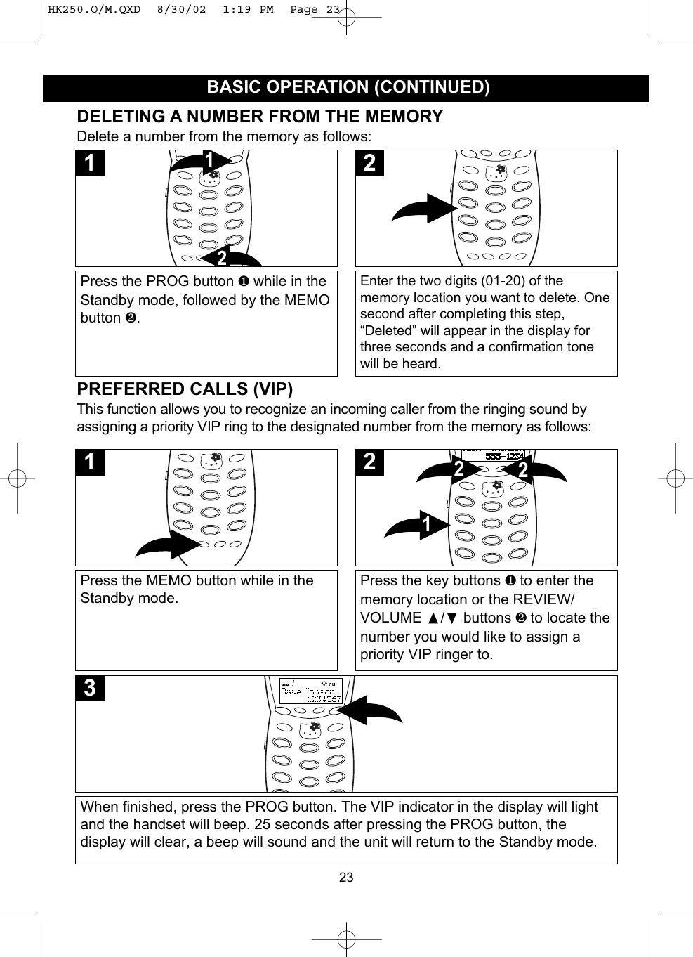 23BASIC OPERATION (CONTINUED)DELETING A NUMBER FROM THE MEMORYDelete a number from the memory as follows:Press the PROG button ❶while in theStandby mode, followed by the MEMObutton ❷.211Enter the two digits (01-20) of thememory location you want to delete. Onesecond after completing this step,“Deleted” will appear in the display forthree seconds and a confirmation tonewill be heard.2Press the MEMO button while in theStandby mode.1When finished, press the PROG button. The VIP indicator in the display will lightand the handset will beep. 25 seconds after pressing the PROG button, thedisplay will clear, a beep will sound and the unit will return to the Standby mode.3Press the key buttons ❶ to enter thememory location or the REVIEW/VOLUME /❷buttons ❷ to locate thenumber you would like to assign apriority VIP ringer to.2212PREFERRED CALLS (VIP)This function allows you to recognize an incoming caller from the ringing sound byassigning a priority VIP ring to the designated number from the memory as follows:HK250.O/M.QXD  8/30/02  1:19 PM  Page 23