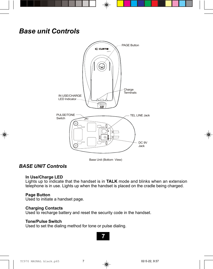 Base unit ControlsBASE UNIT ControlsIn Use/Charge LEDLights up to indicate that the handset is in TALK mode and blinks when an extensiontelephone is in use. Lights up when the handset is placed on the cradle being charged.Page ButtonUsed to initiate a handset page.Charging ContactsUsed to recharge battery and reset the security code in the handset.Tone/Pulse SwitchUsed to set the dialing method for tone or pulse dialing.72.4GHzIN USE/CHARGELED IndicatorPAGE ButtonCharge Te r mi n a l sPULSESwitch/TONEDC 9VJackTEL LINE JackBase Unit (Bottom  View)TC970 MAUNAL black.p65 02-5-22, 9:377