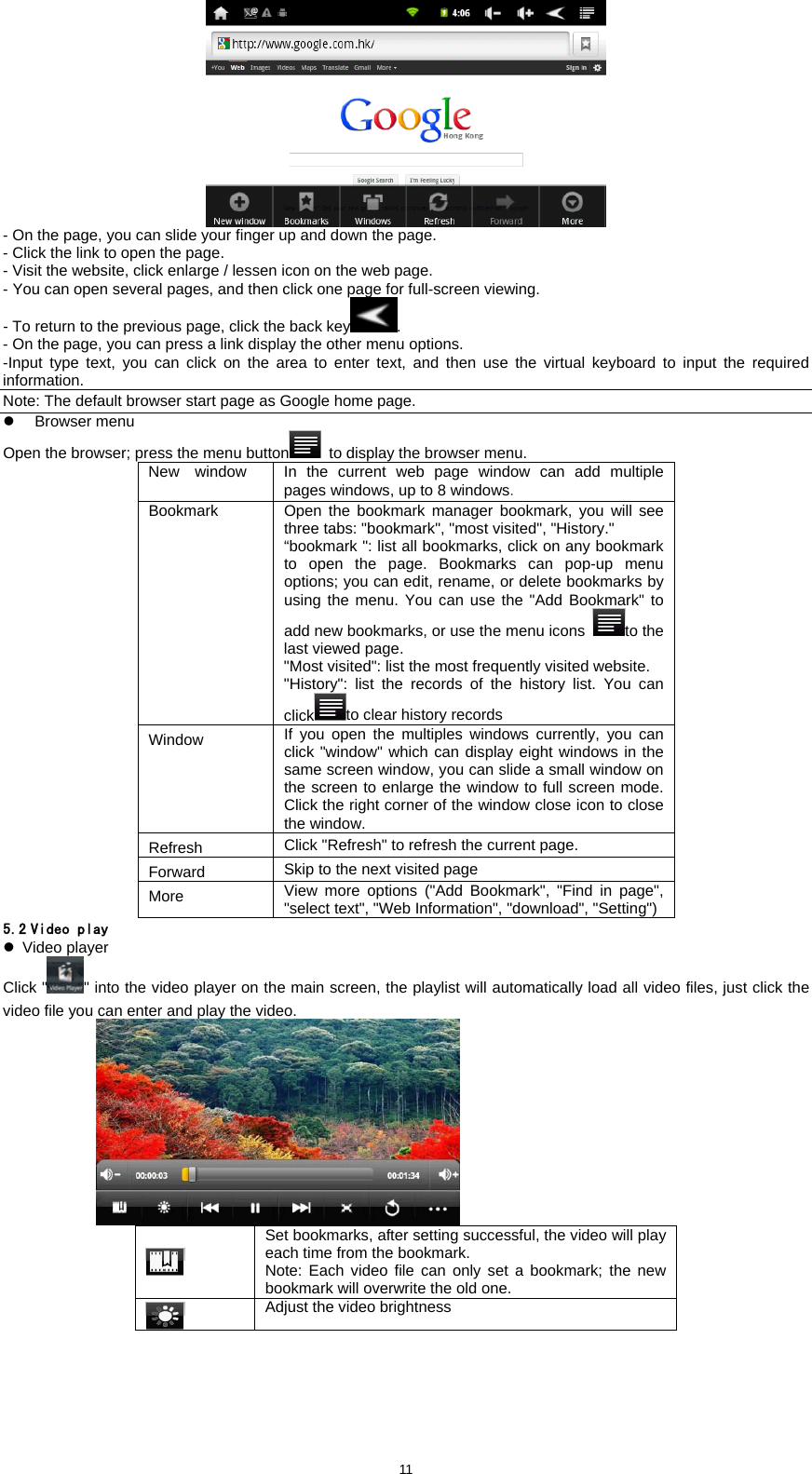  11 - On the page, you can slide your finger up and down the page.   - Click the link to open the page.   - Visit the website, click enlarge / lessen icon on the web page.   - You can open several pages, and then click one page for full-screen viewing.   - To return to the previous page, click the back key .  - On the page, you can press a link display the other menu options.   -Input type text, you can click on the area to enter text, and then use the virtual keyboard to input the required information. Note: The default browser start page as Google home page. z Browser menu Open the browser; press the menu button   to display the browser menu.   New  window In the current web page window can add multiple pages windows, up to 8 windows. Bookmark Open the bookmark manager bookmark, you will see three tabs: "bookmark", "most visited", "History."   &ldquo;bookmark ": list all bookmarks, click on any bookmark to open the page. Bookmarks can pop-up menu options; you can edit, rename, or delete bookmarks by using the menu. You can use the "Add Bookmark" to add new bookmarks, or use the menu icons  to the last viewed page. "Most visited": list the most frequently visited website.   "History": list the records of the history list. You can click to clear history records   Window If you open the multiples windows currently, you can click "window" which can display eight windows in the same screen window, you can slide a small window on the screen to enlarge the window to full screen mode. Click the right corner of the window close icon to close the window. Refresh Click "Refresh" to refresh the current page. Forward Skip to the next visited page More View more options ("Add Bookmark", "Find in page", "select text", "Web Information", "download", "Setting") 5.2 Video play z Video player Click " " into the video player on the main screen, the playlist will automatically load all video files, just click the video file you can enter and play the video.                  Set bookmarks, after setting successful, the video will play each time from the bookmark. Note: Each video file can only set a bookmark; the new bookmark will overwrite the old one.  Adjust the video brightness 