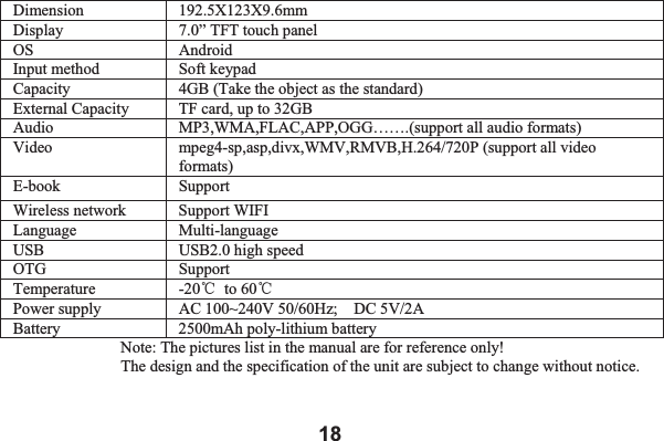 18Dimension 192.5X123X9.6mm Display  7.0&rdquo; TFT touch panel OS Android  Input method  Soft keypad Capacity  4GB (Take the object as the standard) External Capacity  TF card, up to 32GB Audio  MP3,WMA,FLAC,APP,OGG&hellip;&hellip;.(support all audio formats) Video  mpeg4-sp,asp,divx,WMV,RMVB,H.264/720P (support all video formats) E-book Support Wireless network  Support WIFI   Language Multi-language USB USB2.0 high speed OTG Support  Temperature -20ć to 60ćPower supply  AC 100~240V 50/60Hz;    DC 5V/2A Battery  2500mAh poly-lithium battery   Note: The pictures list in the manual are for reference only! The design and the specification of the unit are subject to change without notice. 