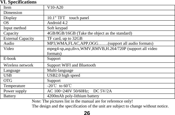  26VI. Specifications Item V10-A20 Dimension  Display  10.1&rdquo; TFT  touch panel OS Android 4.2 Input method  Soft keypad Capacity 4GB/8GB/16GB (Take the object as the standard) External Capacity  TF card, up to 32GB Audio  MP3,WMA,FLAC,APP,OGG&hellip;&hellip;.(support all audio formats) Video  mpeg4-sp,asp,divx,WMV,RMVB,H.264/720P (support all video formats) E-book Support Wireless network  Support WIFI and Bluetooth Language Multi-language USB USB2.0 high speed OTG Support  Temperature -20℃ to 60℃ Power supply  AC 100~240V 50/60Hz;    DC 5V/2A Battery  4200mAh poly-lithium battery   Note: The pictures list in the manual are for reference only! The design and the specification of the unit are subject to change without notice. 