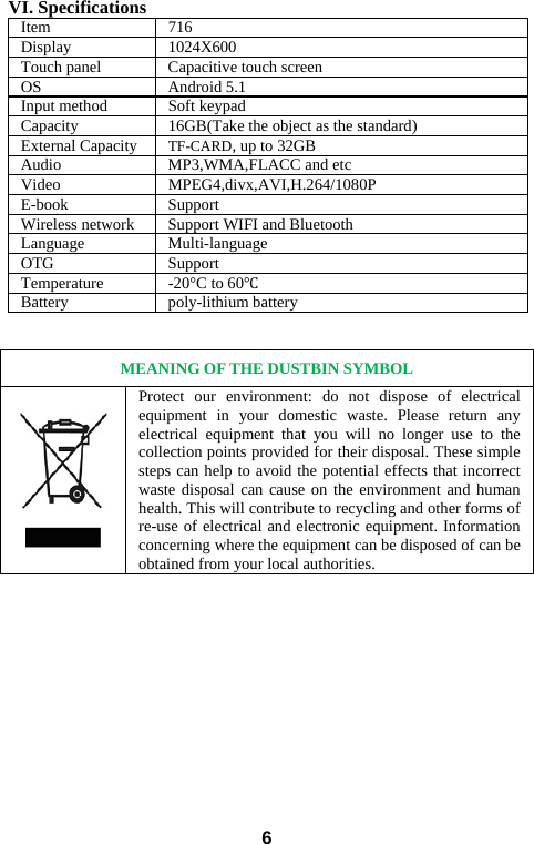  6 VI. Specifications Item 716 Display 1024X600 Touch panel  Capacitive touch screen OS Android 5.1 Input method  Soft keypad Capacity 16GB(Take the object as the standard) External Capacity  TF-CARD, up to 32GB Audio MP3,WMA,FLACC and etc Video MPEG4,divx,AVI,H.264/1080P  E-book Support Wireless network  Support WIFI and Bluetooth Language Multi-language OTG Support  Temperature -20&deg;C to 60&deg;C Battery poly-lithium battery   MEANING OF THE DUSTBIN SYMBOL  Protect our environment: do not dispose of electrical equipment in your domestic waste. Please return any electrical equipment that you will no longer use to the collection points provided for their disposal. These simple steps can help to avoid the potential effects that incorrect waste disposal can cause on the environment and human health. This will contribute to recycling and other forms of re-use of electrical and electronic equipment. Information concerning where the equipment can be disposed of can be obtained from your local authorities.       