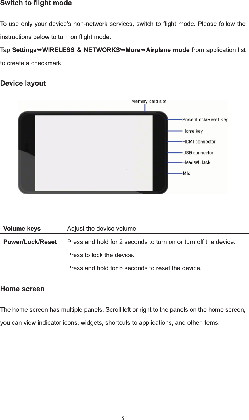   - 5 -Switch to flight mode To use only your device&rsquo;s non-network services, switch to flight mode. Please follow the instructions below to turn on flight mode: Tap Settings&not;WIRELESS &amp; NETWORKS&not;More&not;Airplane mode from application list to create a checkmark. Device layout Volume keys  Adjust the device volume. Power/Lock/Reset  Press and hold for 2 seconds to turn on or turn off the device. Press to lock the device. Press and hold for 6 seconds to reset the device. Home screen The home screen has multiple panels. Scroll left or right to the panels on the home screen, you can view indicator icons, widgets, shortcuts to applications, and other items.   