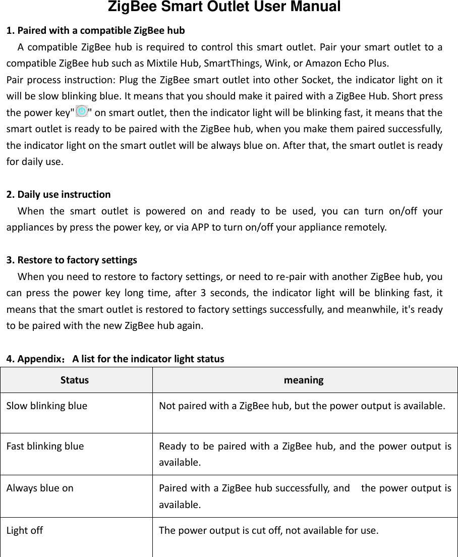 Page 1 of Jiuheng Intelligent Technology G01UZ ZigBee Smart Outlet User Manual 