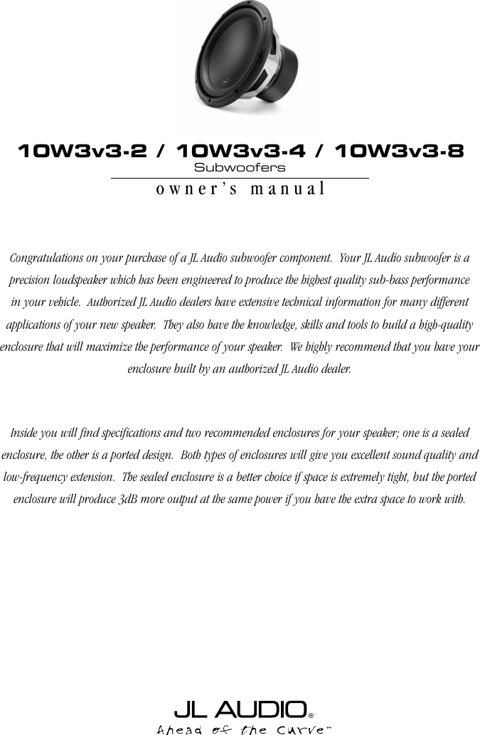 Jl Audio 10w3v3 2 Users Manual 10w3v3 Man