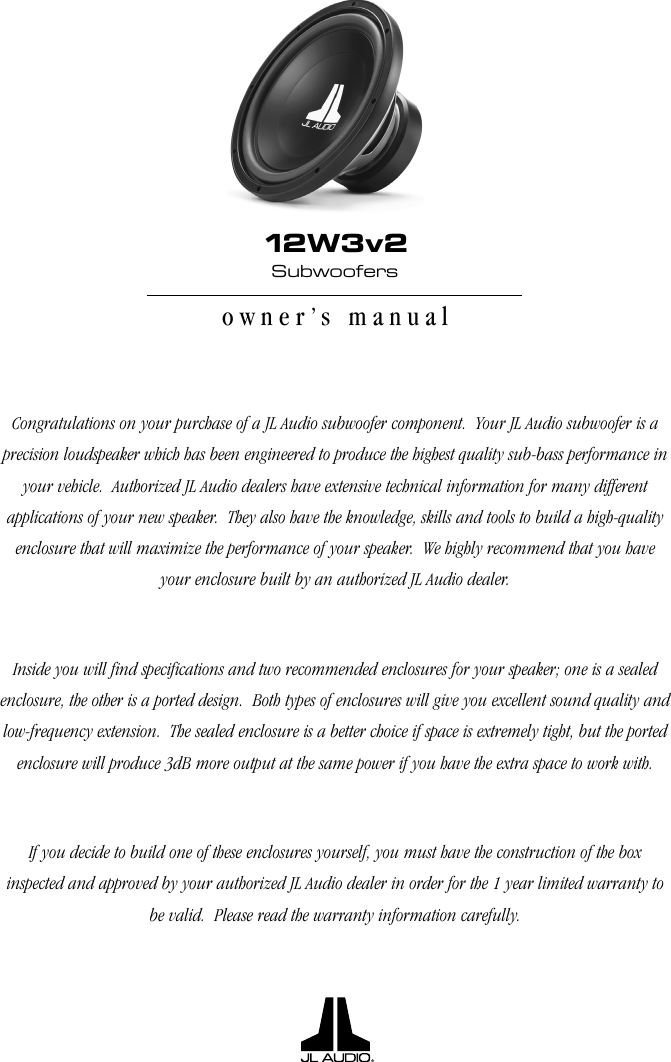 Page 1 of 4 - Jl-Audio Jl-Audio-12W3V2-Users-Manual- 12W3v2_MAN  Jl-audio-12w3v2-users-manual