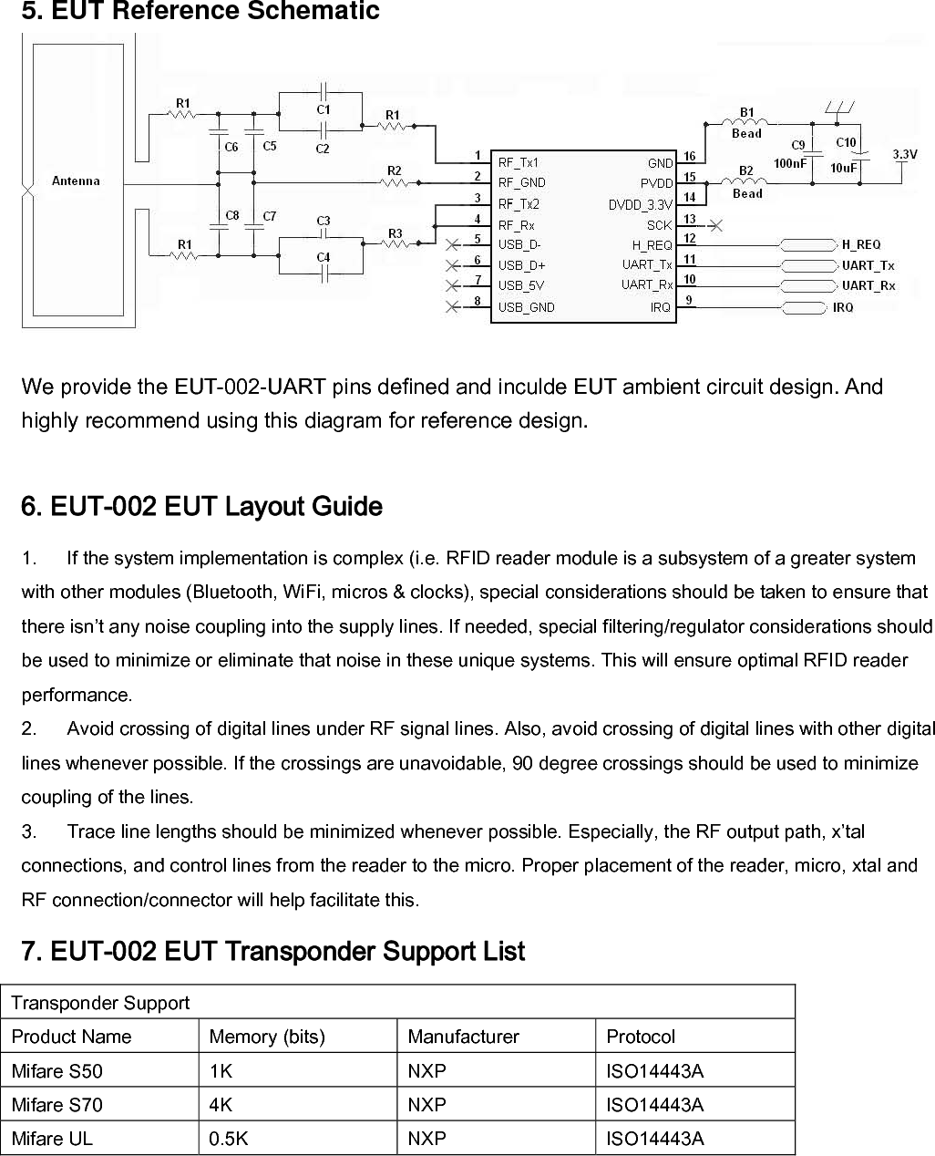 5. EUT Reference Schematic We provide the EUT-002-UART pins defined and inculde EUT ambient circuit design. And highly recommend using this diagram for reference design.  6. EUT-002 EUT Layout Guide 1. If the system implementation is complex (i.e. RFID reader module is a subsystem of a greater system with other modules (Bluetooth, WiFi, micros &amp; clocks), special considerations should be taken to ensure that there isn’t any noise coupling into the supply lines. If needed, special filtering/regulator considerations should be used to minimize or eliminate that noise in these unique systems. This will ensure optimal RFID reader performance. 2. Avoid crossing of digital lines under RF signal lines. Also, avoid crossing of digital lines with other digital lines whenever possible. If the crossings are unavoidable, 90 degree crossings should be used to minimize coupling of the lines. 3. Trace line lengths should be minimized whenever possible. Especially, the RF output path, x’tal connections, and control lines from the reader to the micro. Proper placement of the reader, micro, xtal and RF connection/connector will help facilitate this. 7. EUT-002 EUT Transponder Support List Transponder Support Product Name  Memory (bits)  Manufacturer  Protocol Mifare S50  1K  NXP  ISO14443A Mifare S70  4K  NXP  ISO14443A Mifare UL  0.5K  NXP  ISO14443A  