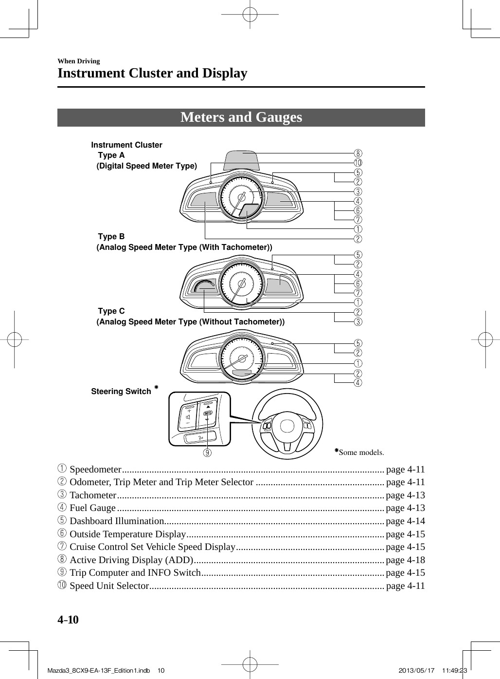 4–10When DrivingInstrument Cluster and Display     Meters  and  Gauges     Type AType B Type C Steering Switch (Digital Speed Meter Type) (Analog Speed Meter Type (With Tachometer)) (Analog Speed Meter Type (Without Tachometer))Some models.Instrument Cluster      Speedometer .......................................................................................................... page  4-11     Odometer, Trip Meter and Trip Meter Selector .................................................... page  4-11     Tachometer ............................................................................................................page  4-13     Fuel Gauge ............................................................................................................page  4-13     Dashboard Illumination.........................................................................................page  4-14     Outside Temperature Display ................................................................................page  4-15     Cruise Control Set Vehicle Speed Display ............................................................page  4-15     Active Driving Display (ADD) .............................................................................page  4-18     Trip Computer and INFO Switch ..........................................................................page  4-15     Speed Unit Selector ............................................................................................... page  4-11 Mazda3_8CX9-EA-13F_Edition1.indb   10Mazda3_8CX9-EA-13F_Edition1.indb   10 2013/05/17   11:49:232013/05/17   11:49:23