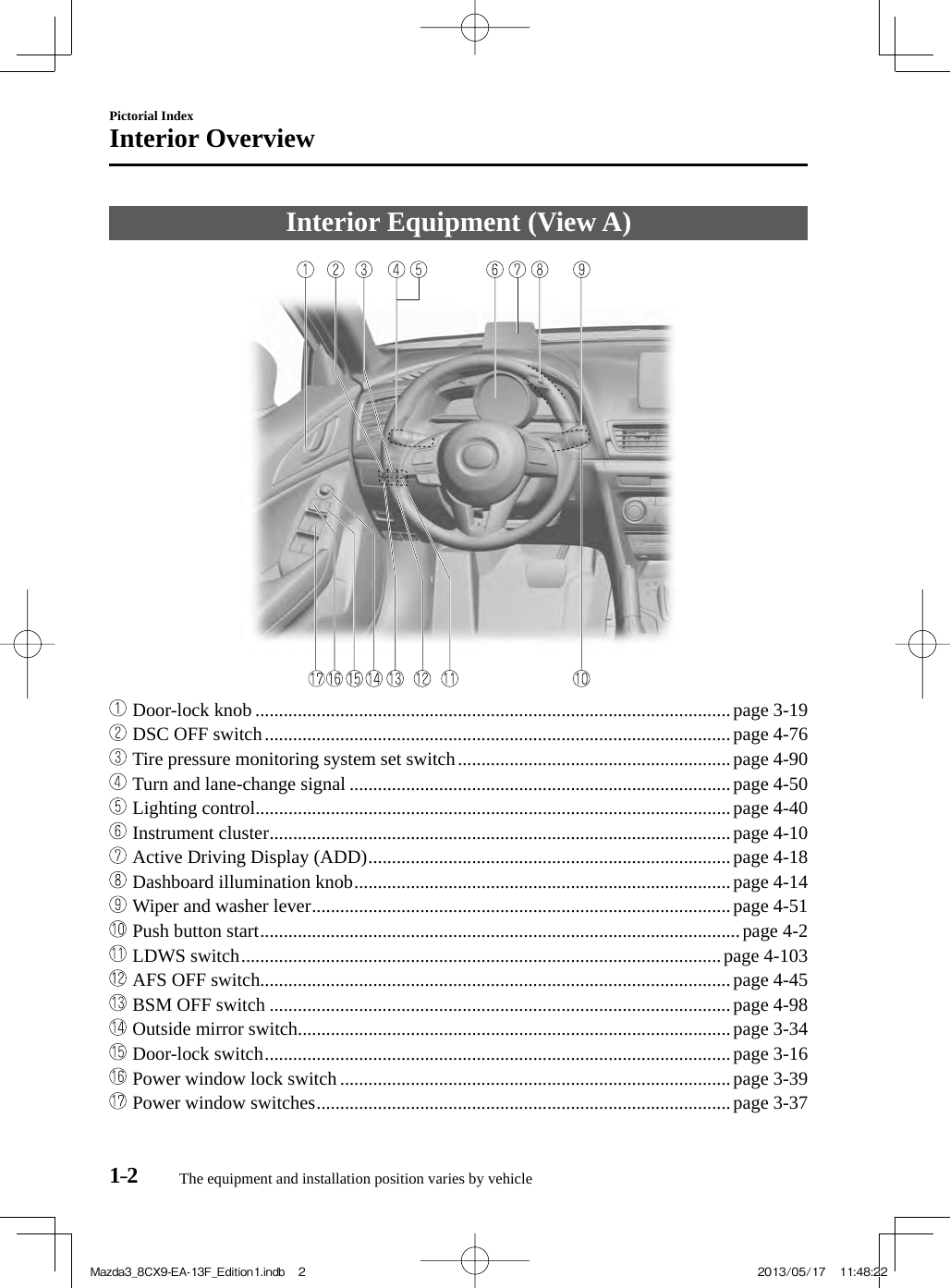 The equipment and installation position varies by vehiclePictorial IndexInterior Overview1–2     Interior  Equipment  (View  A)          Door-lock knob .....................................................................................................page  3-19     DSC OFF switch ...................................................................................................page  4-76     Tire pressure monitoring system set switch ..........................................................page  4-90     Turn and lane-change signal .................................................................................page  4-50     Lighting control.....................................................................................................page  4-40     Instrument cluster ..................................................................................................page  4-10     Active Driving Display (ADD) .............................................................................page  4-18     Dashboard illumination knob ................................................................................page  4-14     Wiper and washer lever .........................................................................................page  4-51     Push button start ......................................................................................................page  4-2     LDWS switch ......................................................................................................page  4-103     AFS OFF switch....................................................................................................page  4-45     BSM OFF switch ..................................................................................................page  4-98     Outside mirror switch............................................................................................page  3-34     Door-lock switch ...................................................................................................page  3-16     Power window lock switch ...................................................................................page  3-39     Power window switches ........................................................................................page  3-37 Mazda3_8CX9-EA-13F_Edition1.indb   2Mazda3_8CX9-EA-13F_Edition1.indb   2 2013/05/17   11:48:222013/05/17   11:48:22