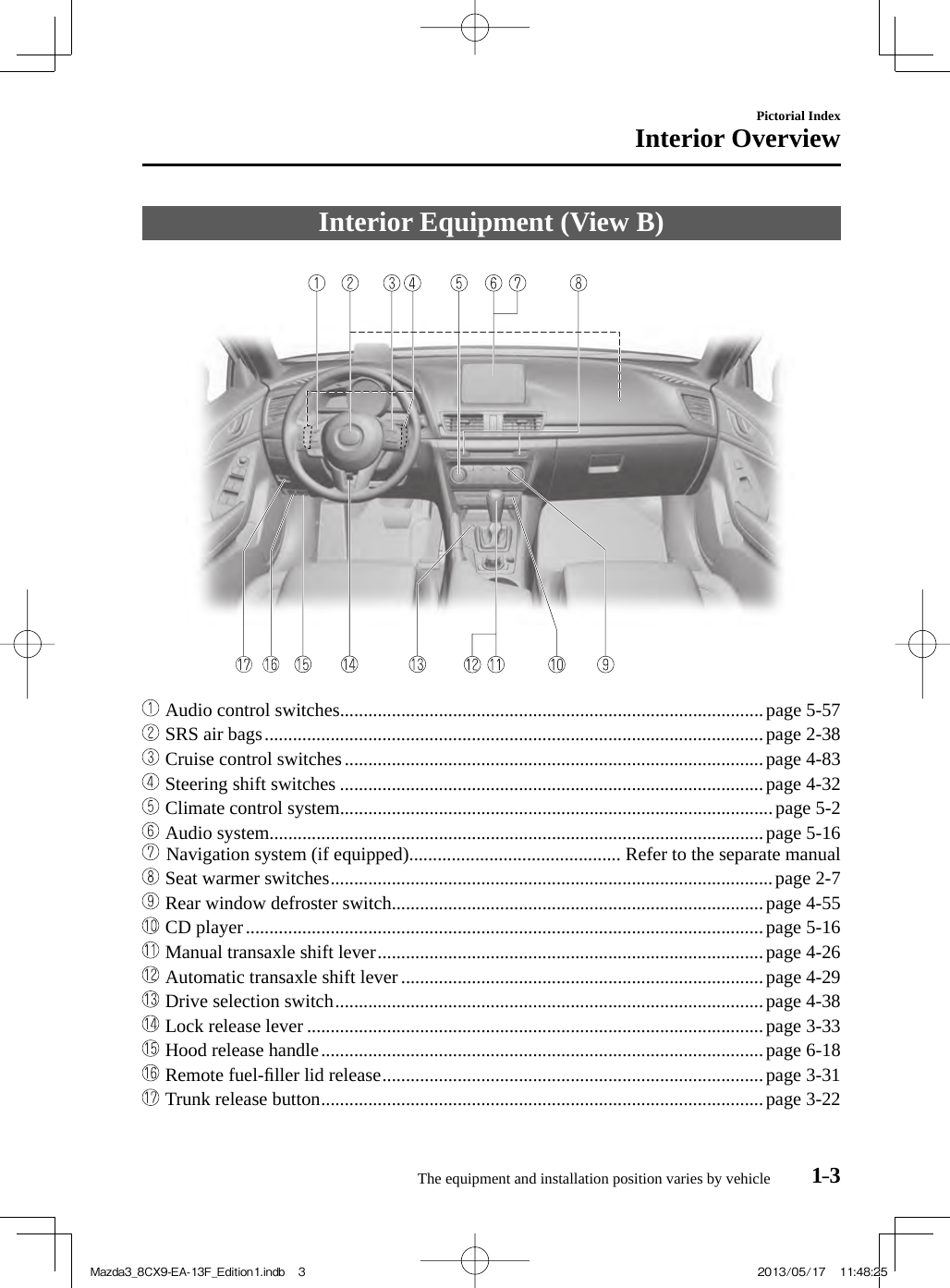The equipment and installation position varies by vehicle 1–3Pictorial IndexInterior Overview Interior Equipment (View B)          Audio control switches..........................................................................................page  5-57     SRS air bags ..........................................................................................................page  2-38     Cruise control switches .........................................................................................page  4-83     Steering shift switches ..........................................................................................page  4-32     Climate control system............................................................................................page  5-2     Audio system.........................................................................................................page  5-16      Navigation system (if equipped)............................................. Refer to the separate manual     Seat warmer switches ..............................................................................................page  2-7     Rear window defroster switch...............................................................................page  4-55     CD player ..............................................................................................................page  5-16     Manual transaxle shift lever ..................................................................................page  4-26     Automatic transaxle shift lever .............................................................................page  4-29     Drive selection switch ...........................................................................................page  4-38     Lock release lever .................................................................................................page  3-33     Hood release handle ..............................................................................................page  6-18     Remote fuel-ﬁ ller lid release .................................................................................page  3-31     Trunk release button ..............................................................................................page  3-22 Mazda3_8CX9-EA-13F_Edition1.indb   3Mazda3_8CX9-EA-13F_Edition1.indb   3 2013/05/17   11:48:252013/05/17   11:48:25