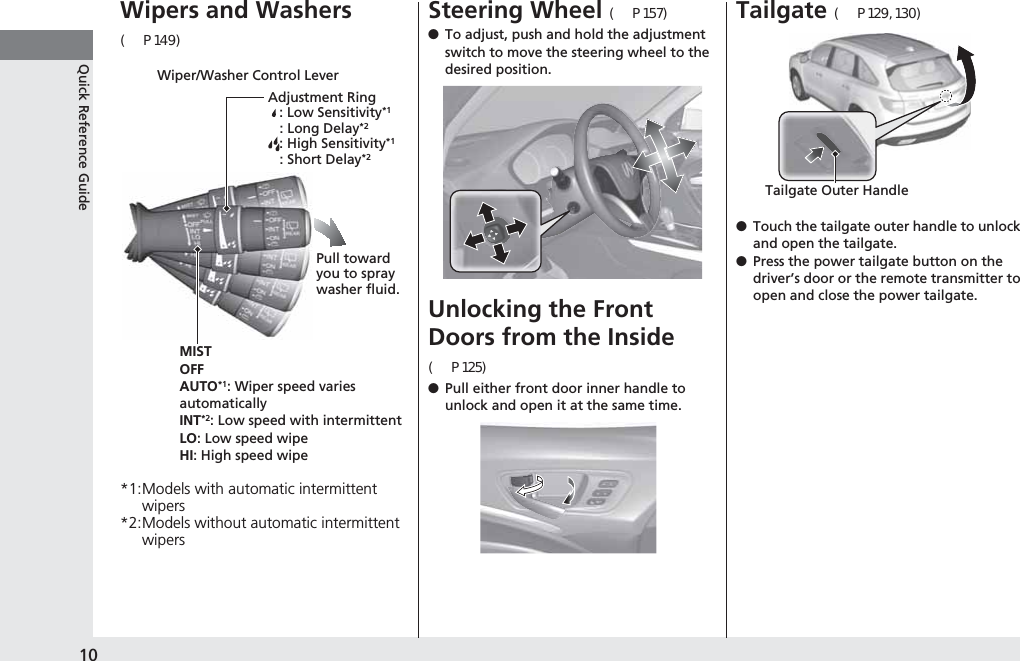 10Quick Reference GuideWipers and Washers (P149)*1:Models with automatic intermittent wipers*2:Models without automatic intermittent wipersWiper/Washer Control LeverAdjustment Ring: Low Sensitivity*1   : Long Delay*2: High Sensitivity*1   : Short Delay*2MISTOFFAUTO*1: Wiper speed varies automaticallyINT*2: Low speed with intermittentLO: Low speed wipeHI: High speed wipePull toward you to spray washer fluid.Steering Wheel (P157)●To adjust, push and hold the adjustment switch to move the steering wheel to the desired position.Unlocking the Front Doors from the Inside (P125)●Pull either front door inner handle to unlock and open it at the same time.Tailgate (P129, 130)●Touch the tailgate outer handle to unlock and open the tailgate.●Press the power tailgate button on the driver’s door or the remote transmitter to open and close the power tailgate.Tailgate Outer Handle