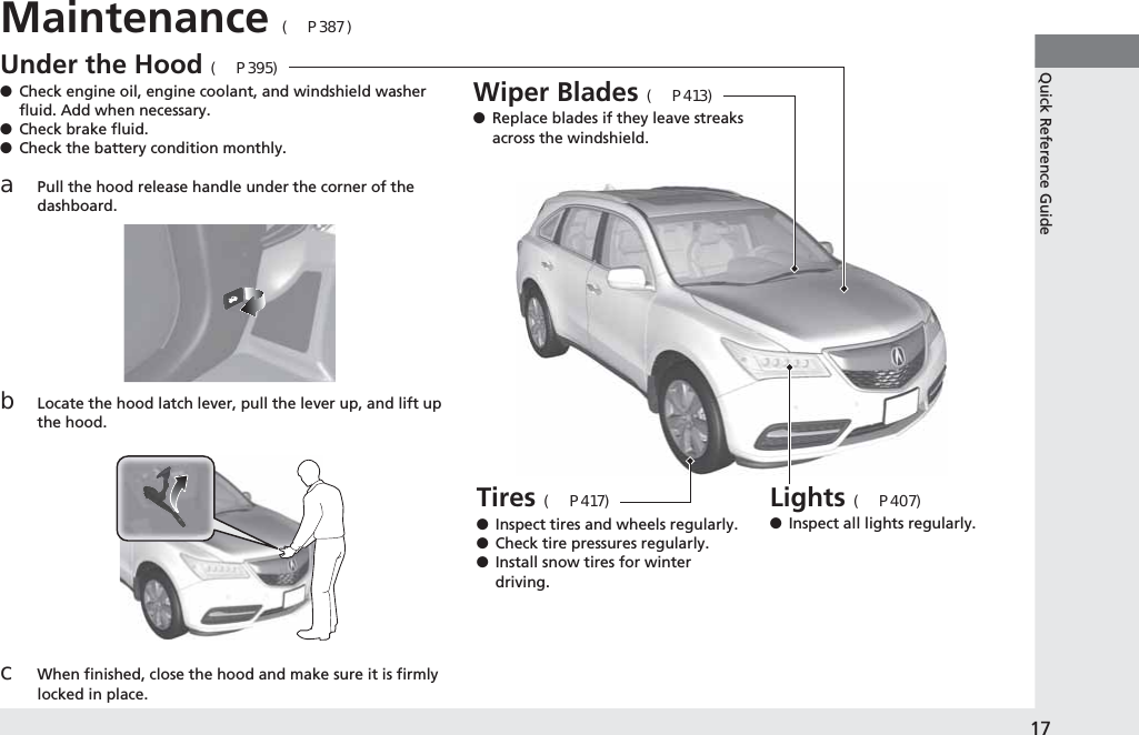 17Quick Reference GuideMaintenance (P387 )Under the Hood (P395)●Check engine oil, engine coolant, and windshield washer fluid. Add when necessary.●Check brake fluid.●Check the battery condition monthly.aPull the hood release handle under the corner of the dashboard.bLocate the hood latch lever, pull the lever up, and lift up the hood.cWhen finished, close the hood and make sure it is firmly locked in place.Lights (P407)●Inspect all lights regularly.Wiper Blades (P413)●Replace blades if they leave streaks across the windshield.Tires (P417)●Inspect tires and wheels regularly.●Check tire pressures regularly.●Install snow tires for winter driving.