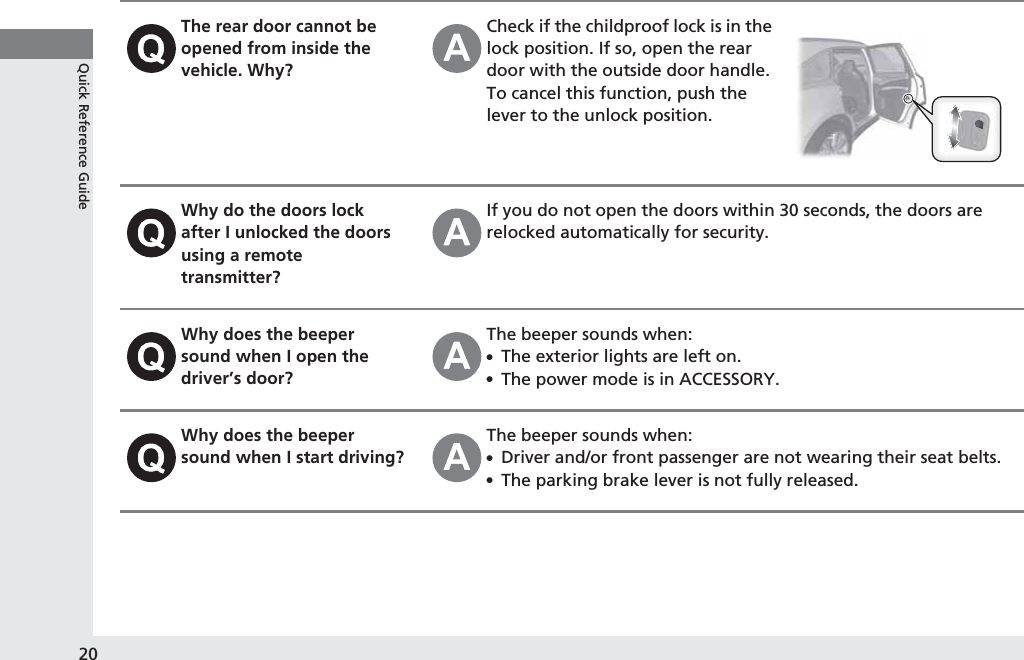 20Quick Reference GuideThe rear door cannot be opened from inside the vehicle. Why?Check if the childproof lock is in the lock position. If so, open the rear door with the outside door handle.To cancel this function, push the lever to the unlock position.Why do the doors lock after I unlocked the doors using a remote transmitter?If you do not open the doors within 30 seconds, the doors are relocked automatically for security.Why does the beeper sound when I open the driver’s door?The beeper sounds when:●The exterior lights are left on.●The power mode is in ACCESSORY.Why does the beeper sound when I start driving?The beeper sounds when:●Driver and/or front passenger are not wearing their seat belts.●The parking brake lever is not fully released.
