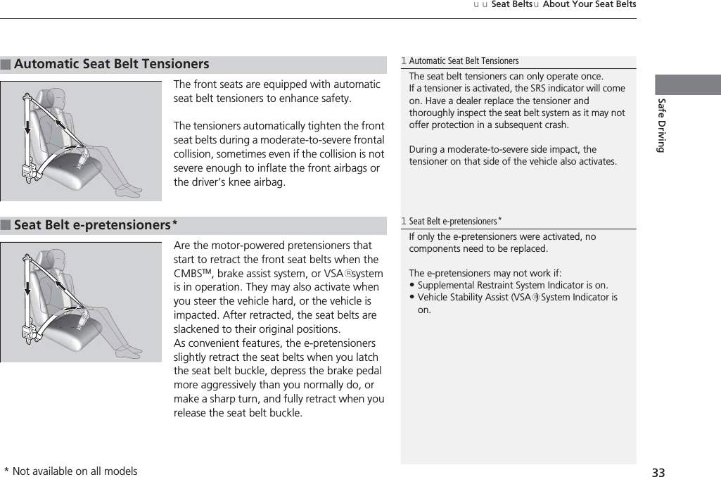 33uuSeat BeltsuAbout Your Seat BeltsSafe DrivingThe front seats are equipped with automatic seat belt tensioners to enhance safety.The tensioners automatically tighten the front seat belts during a moderate-to-severe frontal collision, sometimes even if the collision is not severe enough to inflate the front airbags or the driver’s knee airbag.Are the motor-powered pretensioners that start to retract the front seat belts when the CMBSTM, brake assist system, or VSA® system is in operation. They may also activate when you steer the vehicle hard, or the vehicle is impacted. After retracted, the seat belts are slackened to their original positions.As convenient features, the e-pretensioners slightly retract the seat belts when you latch the seat belt buckle, depress the brake pedal more aggressively than you normally do, or make a sharp turn, and fully retract when you release the seat belt buckle.■Automatic Seat Belt Tensioners1Automatic Seat Belt TensionersThe seat belt tensioners can only operate once.If a tensioner is activated, the SRS indicator will come on. Have a dealer replace the tensioner and thoroughly inspect the seat belt system as it may not offer protection in a subsequent crash.During a moderate-to-severe side impact, the tensioner on that side of the vehicle also activates.■Seat Belt e-pretensioners*1Seat Belt e-pretensioners*If only the e-pretensioners were activated, no components need to be replaced.The e-pretensioners may not work if:•Supplemental Restraint System Indicator is on.•Vehicle Stability Assist (VSA®) System Indicator is on.* Not available on all models